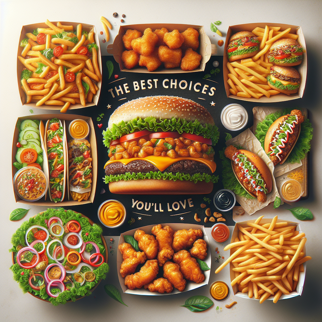 Visual representation of an array of stunning fast food options displayed in aesthetically pleasing arrangements. The picture should include a variety of popular choices such as a juicy hamburger with fresh lettuce, ripe tomatoes and melting cheese, a box of crispy golden fries, a vibrant leafy green salad, a container of delicious tacos filled with flavorful fillings, and a tub of zesty chicken wings. All food items should attractively styled to look their best, highlighting their appealing colors and textures. In the background, subtly incorporated, include the phrase 'The Best Choices You’ll Love' in playful typography.