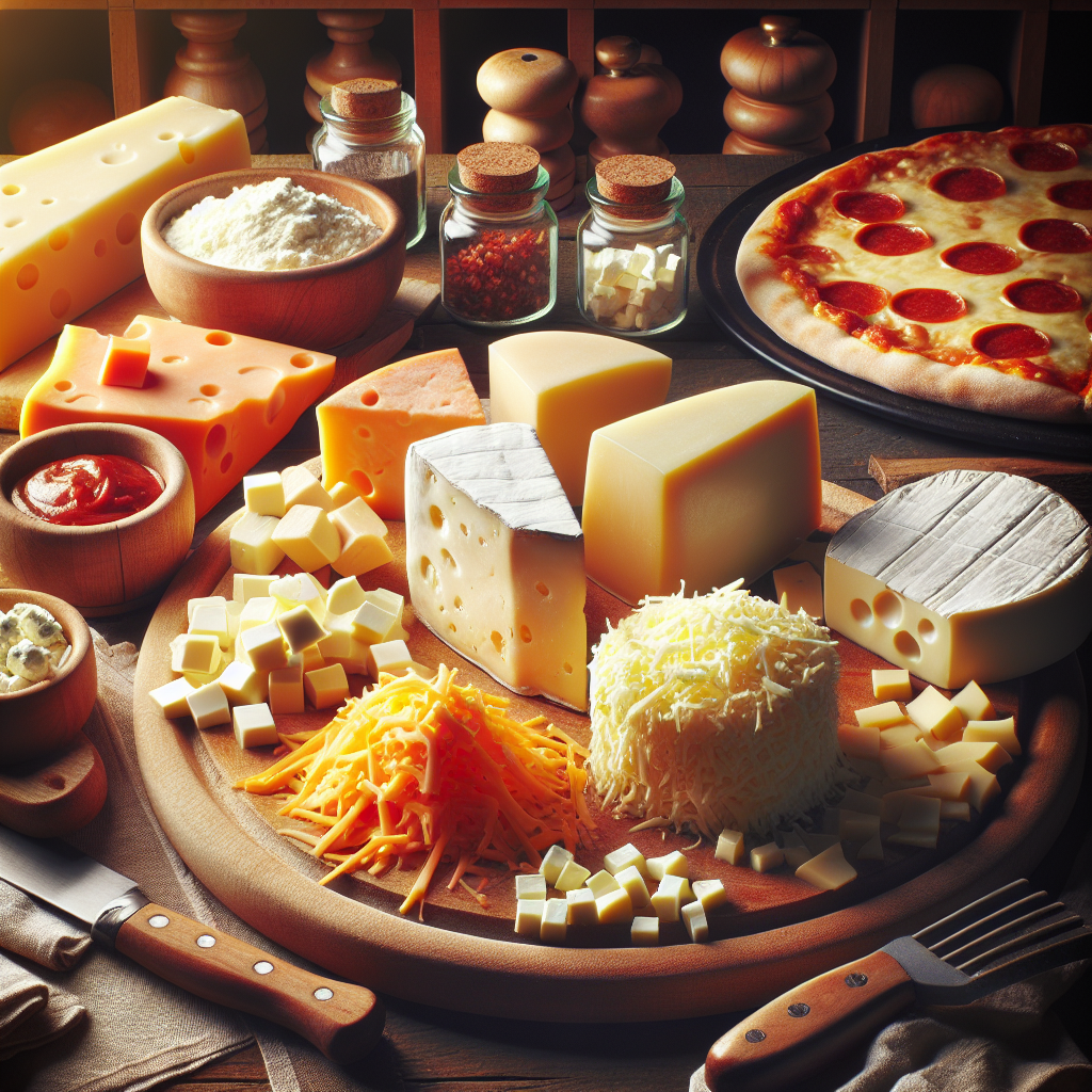 A visual display of a variety of must-have cheeses for pizza to enhance flavor. The image should capture an assortment of cheeses, such as mozzarella, cheddar, and gorgonzola, displayed on a cutting board alongside a freshly baked pizza. The cheeses should be in varied forms, such as grated, sliced, and whole blocks, to show diversity. In the background, faint hints of the kitchen environment, including a pizza oven, can be included for context. The overall tone should suggest a warm, inviting ambiance, perfect for pizza lovers.