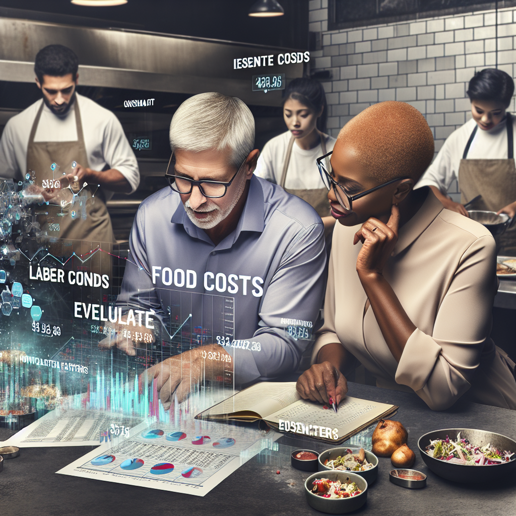 Generate a detailed image of a scene in a busy restaurant. In the foreground, a middle-aged Caucasian male restaurant owner is sitting at a table, pouring over a spreadsheet filled with various numbers and graphs symbolizing restaurant costs. To his side, an older Black female consultant with eyeglasses is offering advice, pointing out essential factors on the spreadsheet. In the background, a diverse staff in the kitchen is visible - a young Hispanic female chef and a Middle-Eastern male sous chef are preparing dishes reflecting their roles in the restaurant's operations. Include floating holographic tips such as 'Estimate food costs', 'Monitor labor costs', 'Evaluate overhead expenses' to contextualize the 'success factor' theme.