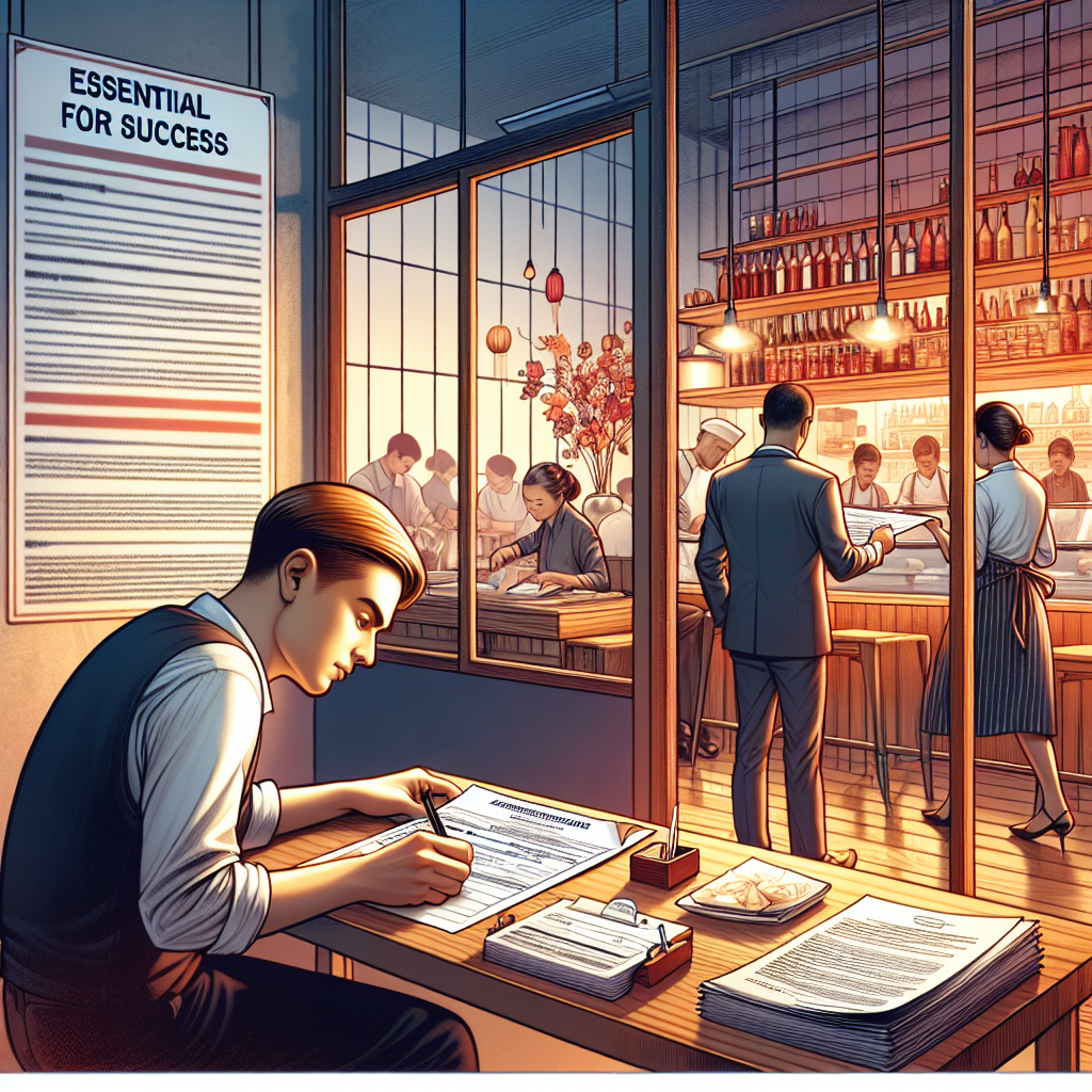 Imagine an illustration for a composed article about obtaining a license for operating a restaurant. In the forefront, a careful individual diligently filling out an application form on a wooden desk, with various relevant documents scattered around. The scene unfolds in a warmly lit room, with a hint of a busy, modern restaurant visible through a glass partition in the background. The restaurant is filled with servers and patrons of various ethnic descents and genders, adding depth to the scene. A large signboard overhead showcases the words 'Essential Steps for Success', symbolizing the restaurant's journey towards success.