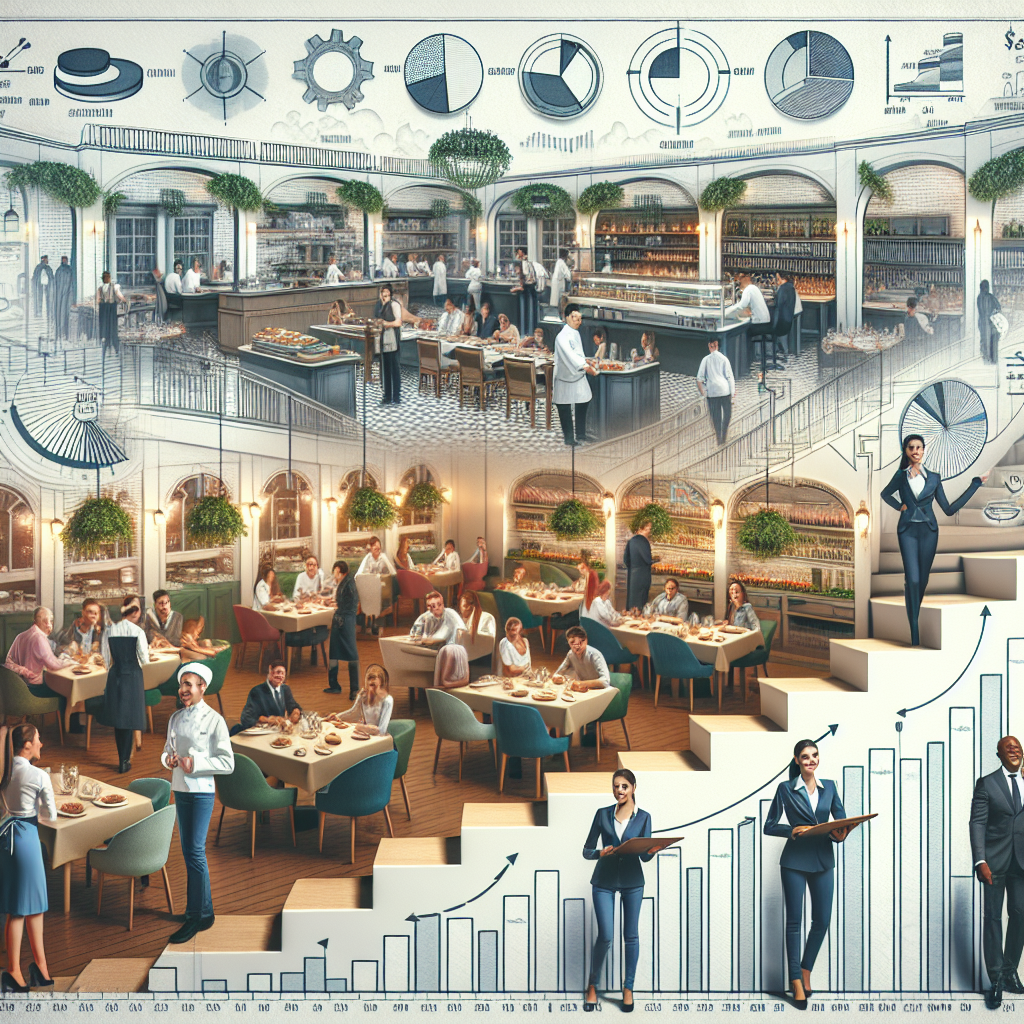 Create a highly detailed image representing a restaurant business plan leading to success. Design the image to include key elements like an elaborate restaurant layout showcasing a diverse crowd of customers. Include staff members like a Caucasian female chef in the kitchen, a Black male waiter serving tables, and a Hispanic female manager overseeing operations. Enhance the image by adding various components of a business plan such as charts, graphs representing growth, and steps leading upwards as a metaphor for progress and success. The overall ambient should be lively to reflect a thriving restaurant.