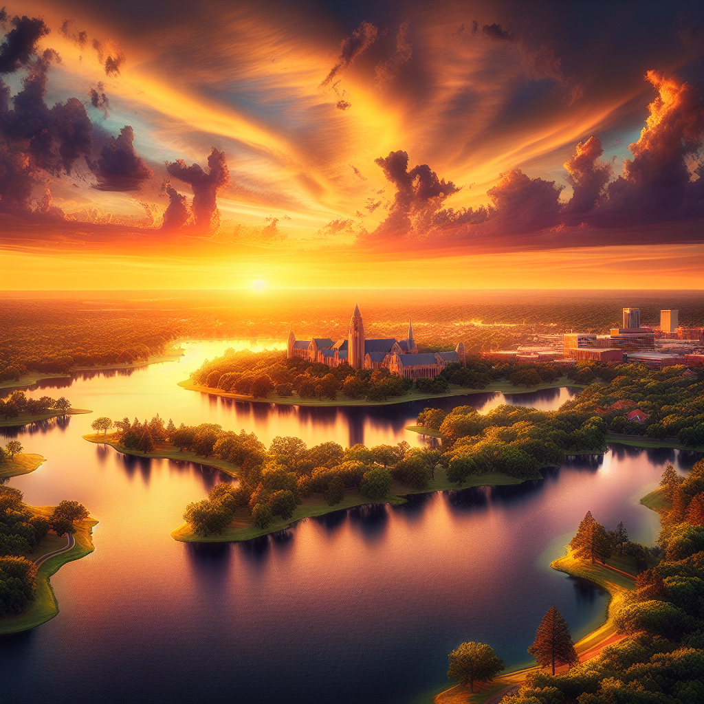 A breath-taking visualization of an aerial perspective over a serene lake, bathed in the golden glow of an Oklahoma sunset. The still water on the lake brilliantly reflects the mesmerizing colors of the sky. On the shore, lush green trees sway gently against the backdrop of the charming city of Norman, displaying its many architectural wonders. The scene is filled with a sense of tranquil beauty and showcases the best views that Norman, OK has to offer.