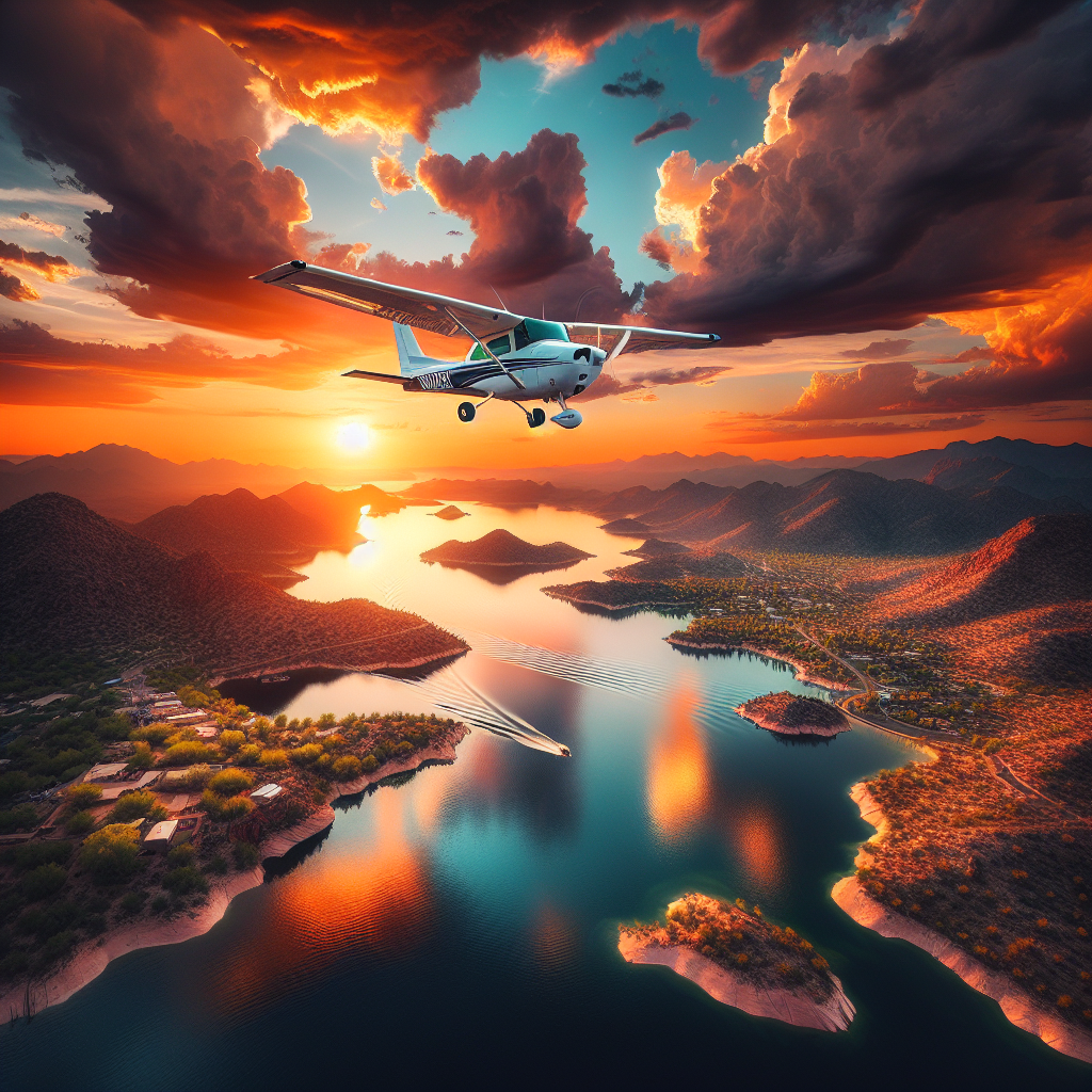 Create an awe-inspiring image depicting an exhilarating flight journey near Lake Pleasant in Arizona. The focus of the image should be on showing a small aircraft soaring above the lake under a vibrant, cloudy sunset. The reflection of the orange-hued sunset on the still water of the lake and the diverse landscape surrounding it, including lush greenery and rocky hills, should be visible. The airplane should be jetting across the sky, leaving a trail in its wake. This flight journey over the lake should depict a must-see experience.