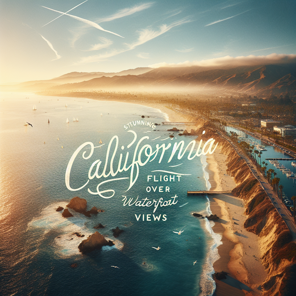Create an aerial view of a California landscape showcasing its beautiful waterfront. The scene is bathed in the soft, golden light of a setting sun, illuminating the tranquil azure water. The flight is over the Pacific Ocean, providing an expansive view of the coastline with rugged cliffs, sandy beaches, and palm trees swaying gently in the breeze. The smaller details can include seagulls soaring in the sky, surfers riding waves, and sailboats floating in the distance. The words 'California Flight over the Ocean: Stunning Waterfront Views' are superimposed in elegant, white cursive script across the top of the image.