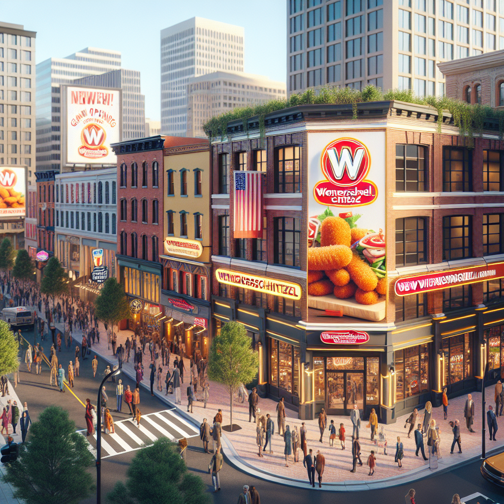 An image of a thriving urban scene in Virginia, featuring a new location of a Wienerschnitzel restaurant. The restaurant's distinct logo and bright colours stand out amidst the other buildings. A busy scene with multiple people of different genders and descents are walking around, showcasing a diverse community. Seven billboards are visible in the background, each announcing the grand opening of a new Wienerschnitzel location in Virginia. Gentle spring sunlight bathes the scene, while the hustle and bustle of the city life continues around the restaurant.