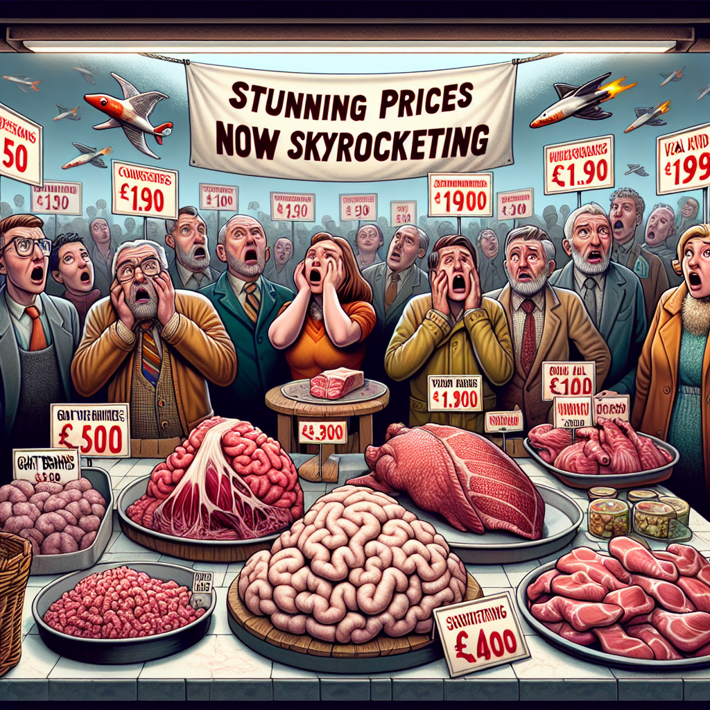 An image representing the essence of a food market where high prices are dominant. It includes couters showcasing goat brains and veal kidneys, with price tags that explicitly show a significant increase. Shoppers of various descents and genders gasp or look stunned as they observe the skyrocketing prices. A banner in the background displays the title: 'Stunning Prices Now Skyrocketing'. The scene is full of activity and detail, conveying the shock and uncertainty this price surge has brought.