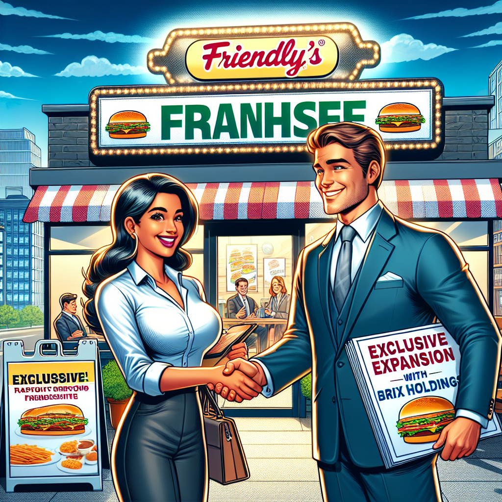 Imagine an exciting business-themed scene where a Friendly's Franchisee stands in front of a Friendly's restaurant. The franchisee, an enthusiastic South Asian woman, is shaking hands with a representative, a sophisticated Caucasian man, from BRIX Holdings, illustrating their partnership. Visible nearby should be a sign highlighting their exclusive expansion plans. There should also be a banner with the words 'Exclusive Expansion with BRIX Holdings' in prominent view. The setting is a bustling street with various shops visible in the background.