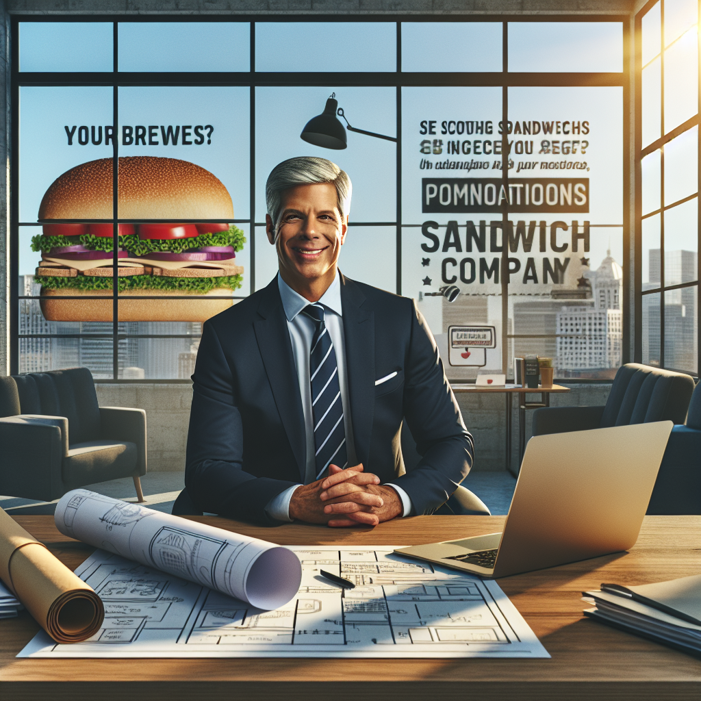 A professionally clad person sitting confidently behind a desk in a modern office dedicated to a successful sandwich company. The person is middle-aged with a broad smile, carrying a sense of determination and authority. On the desk are stacks of papers, blueprints, a closed laptop, and a sandwich symbolizing the company's core product. The office features motivational quotes related to business growth. Light is streaming in through the large glass windows displaying the city skyline. The image should reflect a visionary CEO actively planning the future growth of a major sandwich brand.