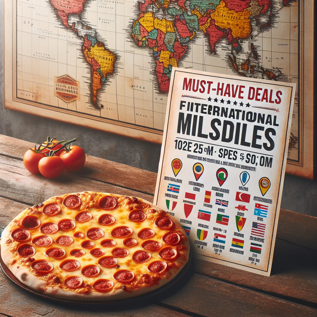 An overhead view of a perfectly baked pepperoni pizza with melty cheese and ripe tomatoes on a rustic wooden table. Beside it, a flyer offers a special deal including text 'Must-Have Deals for International Milestones' highlighted prominently. In the background, a blurred wall map displays various international locations marked with flag pins, suggesting these are the milestones. The entire scene has a welcoming, warm and celebratory ambiance.
