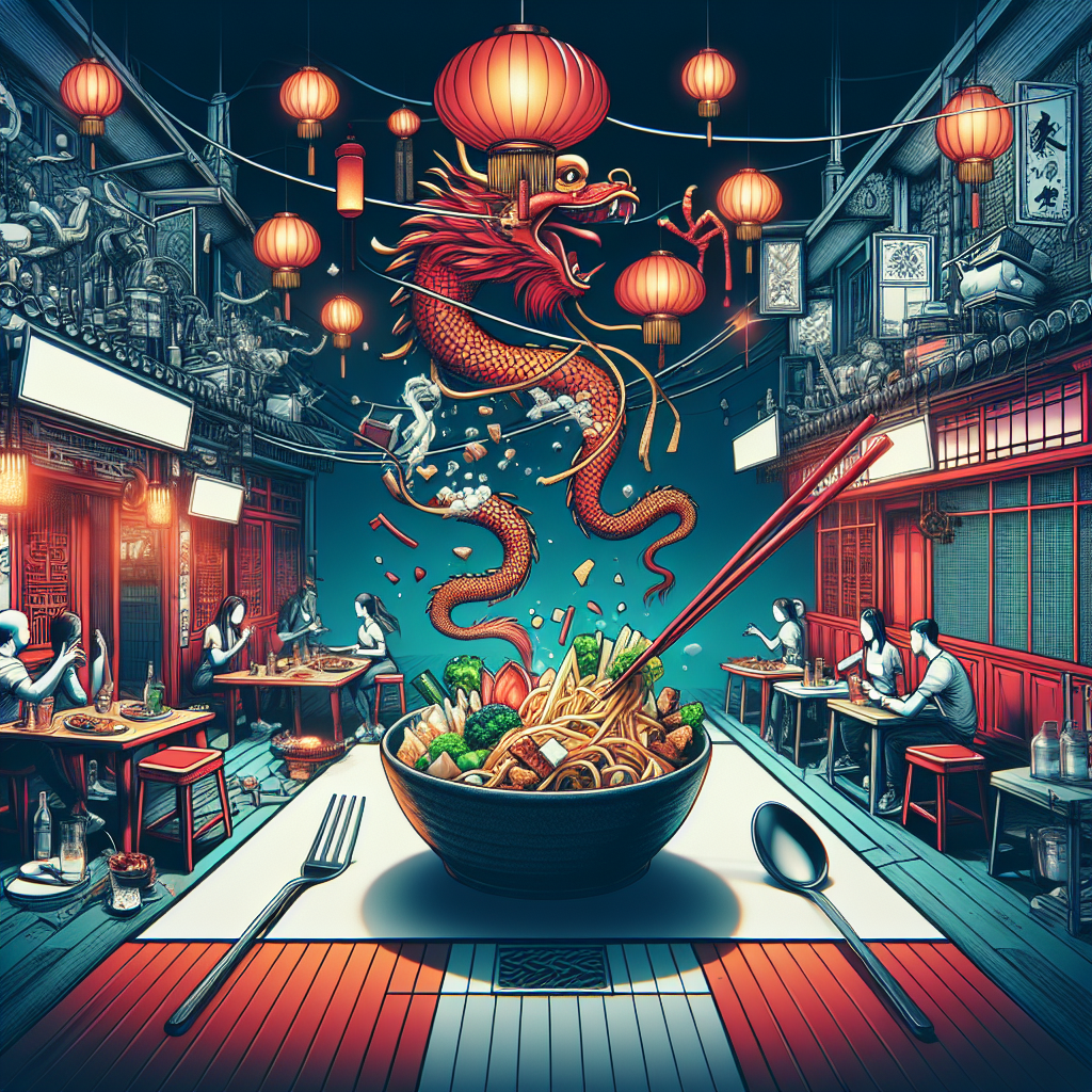 Generate an image of a restaurant setting casting a vibe of adventure and anticipation. The central focus should be a new, visually striking meal with elements that hint towards the theme of 'misfortune'. Imagine a quirky, eye-catching presentation of food that could stir curiosity amongst fans. Be sure to include the hint of the restaurant's characteristic red-and-white color palette in the ambiance, and possibly include few patrons who are seen expressing awe and excitement at the sight of this 'Meal of Misfortune'.