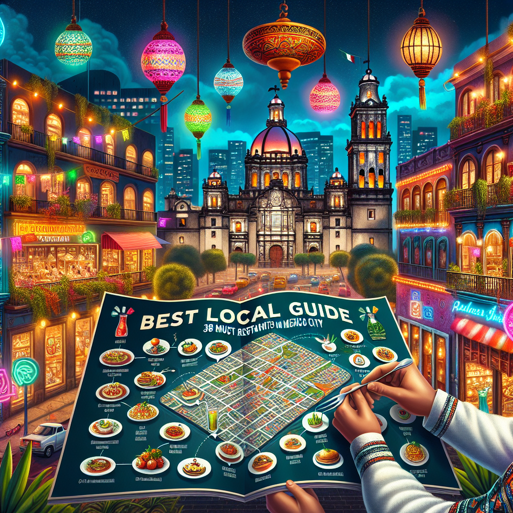 An inviting cityscape of Mexico City at dusk, with colorful lights illuminating the architectural marvels. Different restaurant signs hang from multi-story buildings, promising an exciting culinary journey. In the foreground, a traditionally dressed local guide holding a large map highlights 38 specific locations spread across the city, each marked with a miniature symbol of a plate, fork and knife. The enticing aromas of Mexican cuisine waft through the air. The text 'Best Local Guide: 38 Must-Have Restaurants in Mexico City' unfolds in bold letters above the scene.