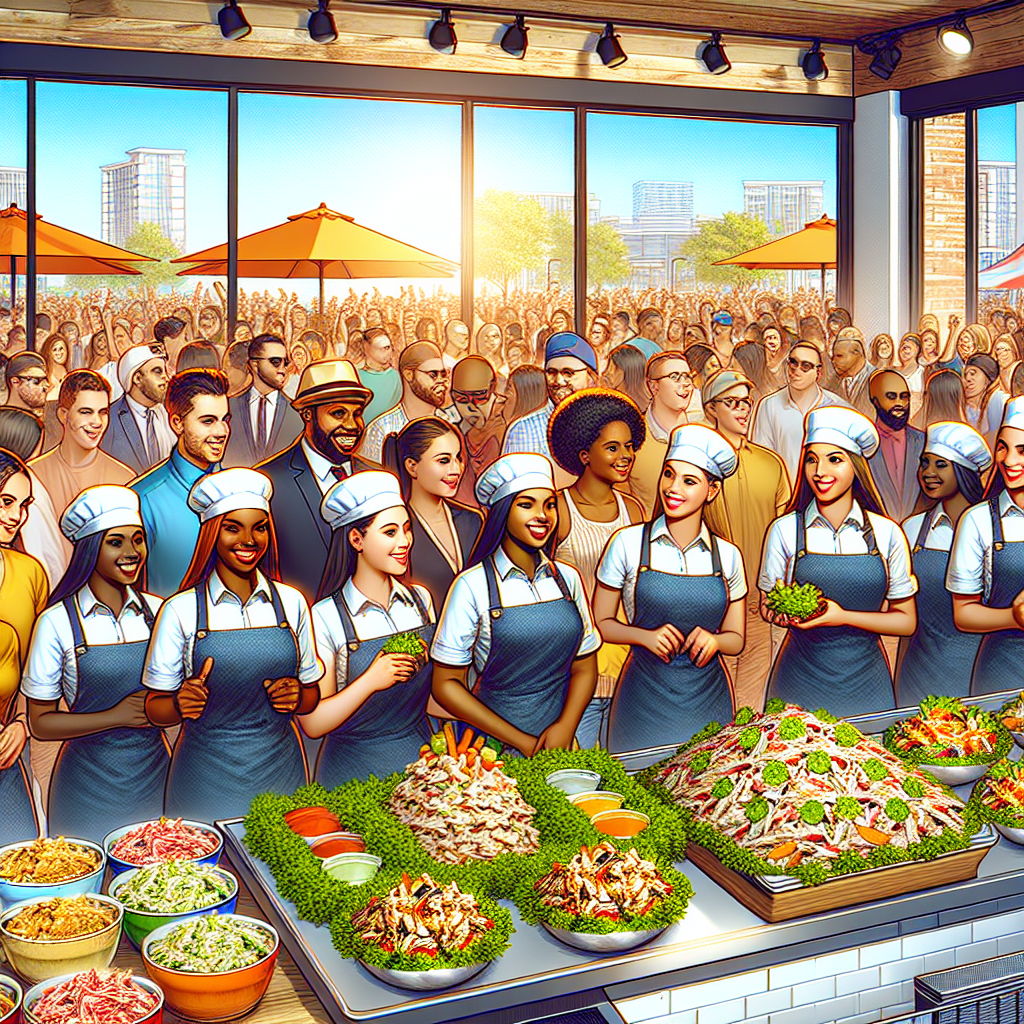 Create a detailed image showcasing the opening event of a new location of a chicken salad cafe in Florida. Depict a lively and colorful scene with the staff of assorted genders and varying races including Black, Hispanic and Middle-eastern, wearing bright uniforms and welcoming guests. Include visuals of a bustling crowd, a vibrant, sunny background indicating the event taking place mid-day, and the sleek, modern decor of the restaurant. Also, accentuate the spread of a variety of mouth-watering chicken salads presented in beautiful serving plates.