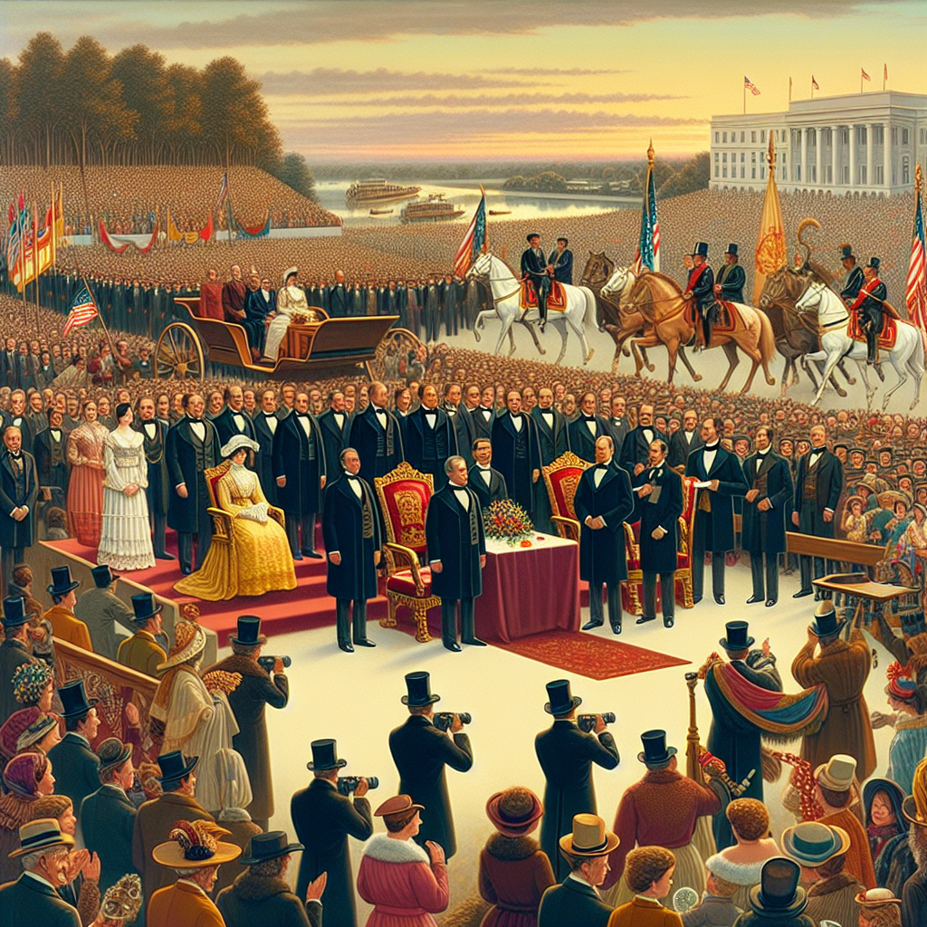 A detailed scene depicting the traditions of a fictional country's inauguration day. Highlight such activities as the oath-taking ceremony, the parade, the banquet, and the traditional dances performed. For each scene, include a Caucasian male politician, a South Asian female politician, and a mixed group of public figures from various descents. Display a sense of unity, camaraderie, and ceremonial splendor. Add effervescent crowd scenes which include people cheering, waving flags, and celebrating. Also, include some hints of a bustling press team documenting the events. All elements should be coherently blended to create an attractive, informative yet artistic image.