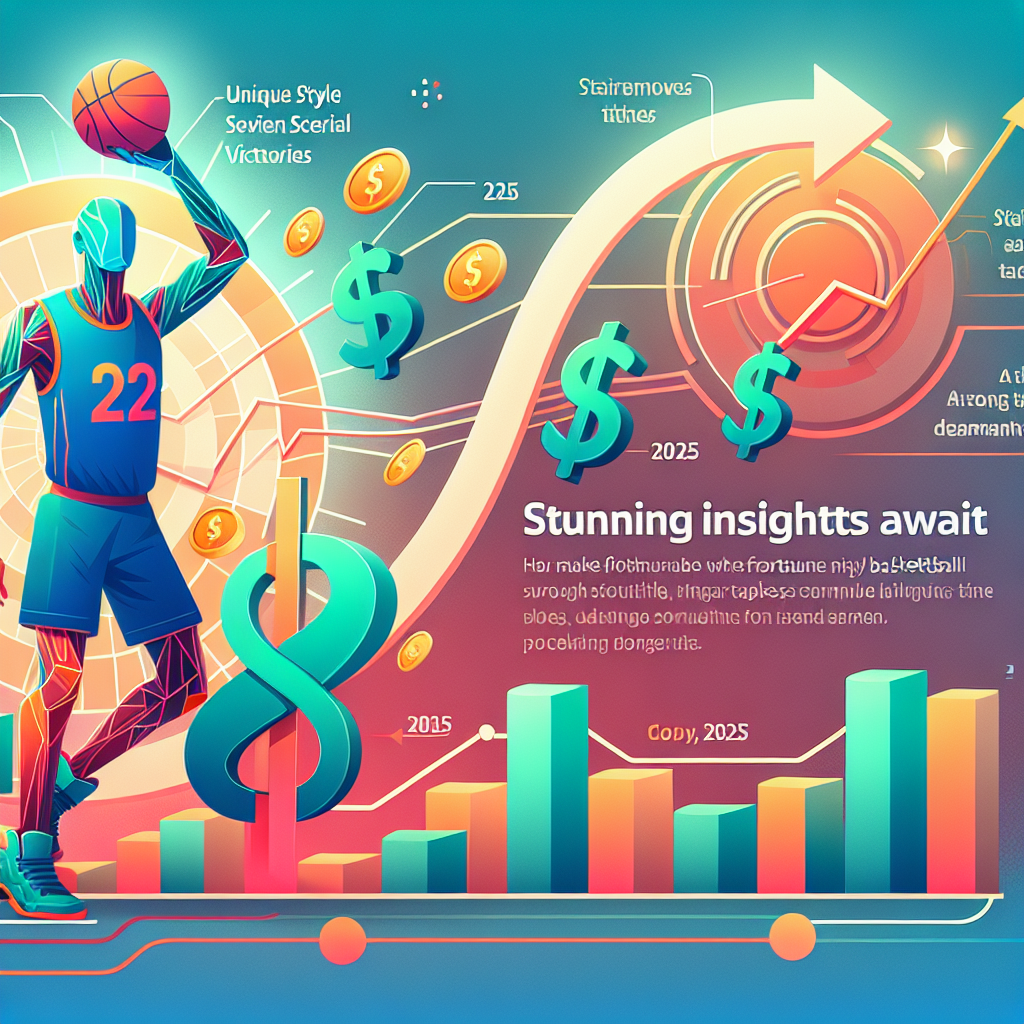 An infographics image highlighting an abstract character who made his fortune through basketball, achieving unique style and several victories, surrounded by dollar signs against an animated background of 2025. The image should also include headlines like 'Stunning Insights Await' and a placeholder for post title. The image should portray a surge in wealth using a graph, hinting at a rising trend. Make this image visually appealing to attract readers to an article discussing wealth accumulation over the years.