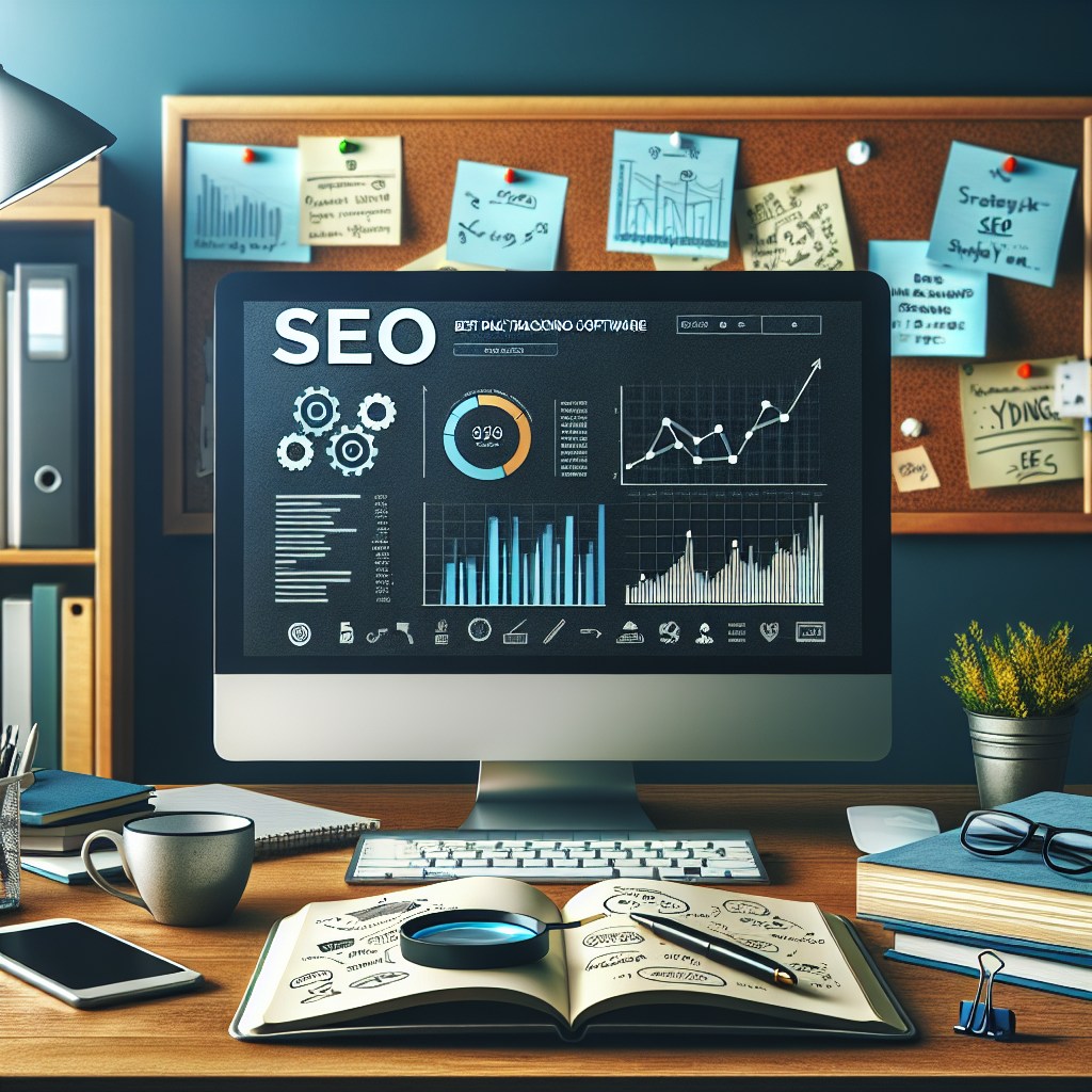 Create an image displaying a well-organized desk featuring a modern computer displaying graphs and statistics on its screen, potentially SEO metrics. Beside it, show a notebook with 'Best Rank Tracking Software' written on it, with few SEO related keywords and doodles around it. Also, include a few SEO related books stacked near the computer and keyboard. In the background, show a corkboard with sticky notes having SEO strategy plans and targets written on it. Emphasize a professional and productive ambiance.