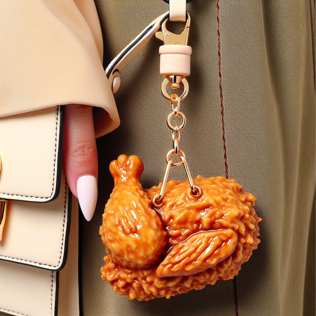 A beautiful and unique accessory that is a must-have for the fashionable trendsetters of today - a fried chicken bag charm. This charm boasts an appetizing fried chicken miniature with a detailed golden brown crispy coating. It's attached with a sturdy loop and clasp, ready to be hooked onto a chic, high-fashion handbag. Add a fun flare to your everyday style with this surprising touch. Be noted, the look is detailed and cute, not real or edible. So, don't even think about taking a bite!