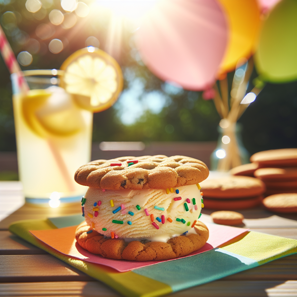 Picture a sun-drenched outdoor setting on a perfect summer day. In the spotlight is a tantalizing ice cream sandwich, one side of it slightly melted, showing the rich, creamy vanilla ice cream nestled between two homemade, golden-brown cookies. The cookies are decorated with tiny, colorful sprinkles that stick to the ice cream. It's placed on a brightly colored napkin, next to a glass of freshly squeezed lemonade with a stripe-free straw. In the background, lazily floating past, are soft-focus balloons. This image embodies the ultimate summer bliss.