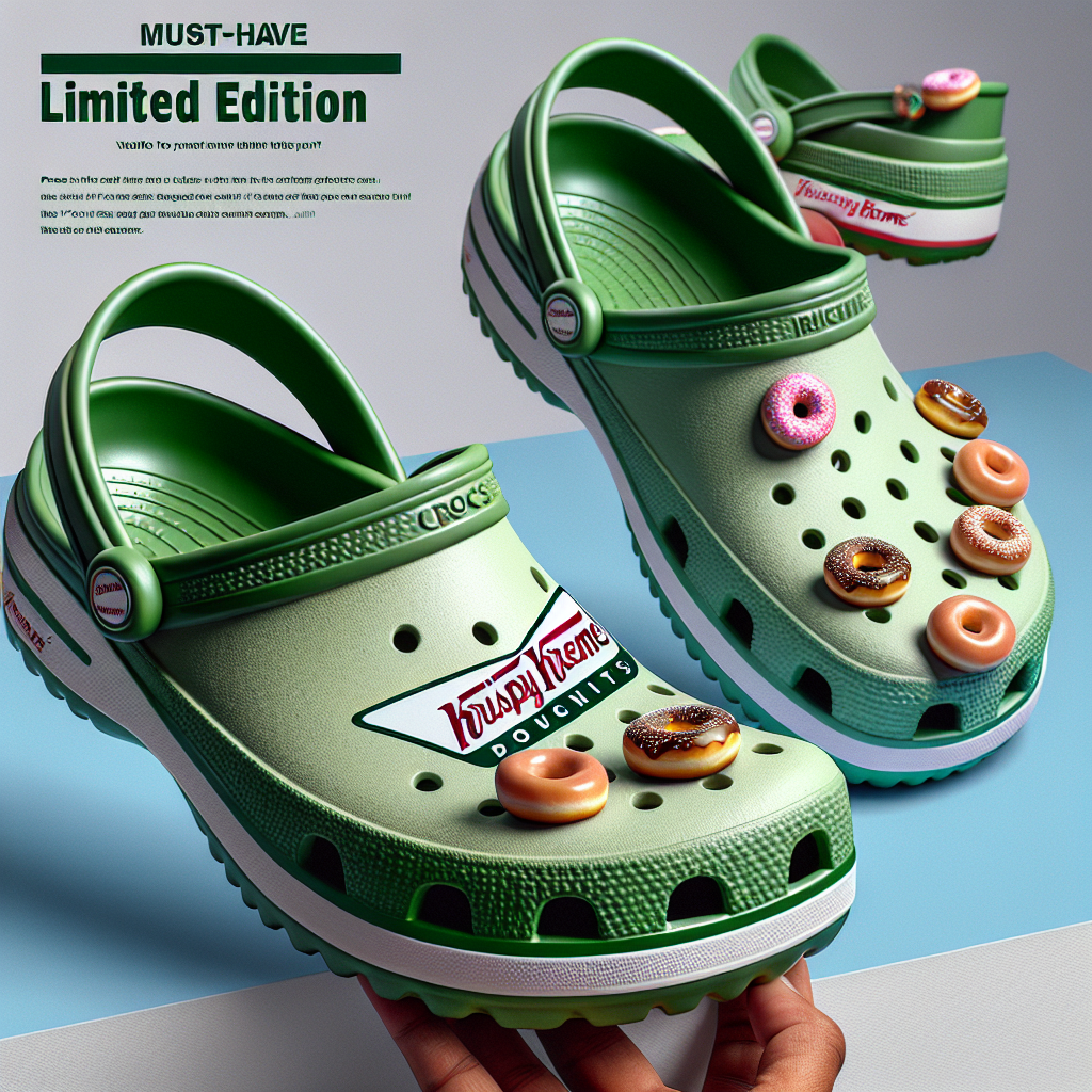 Visualize a pair of limited-edition footwear, inspired by Krispy Kreme. The shoes are designed like Crocs, sporting a unique yet stylish look. They exude the theme of the popular donut brand, perhaps with a color scheme of Krispy Kreme's iconic green and white. The design could include tiny, delectable donut charms as embellishments, which adds to its creativeness and novelty. The shoes are presented in a way that they look appealing and desirable as a 'must-have' fashion item. Please include a boldly written text 'Must-Have Limited Edition' as an integral part of the image.