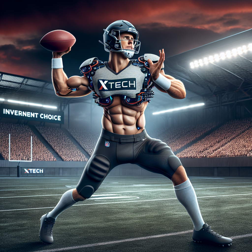 An image depicting a professional American football quarterback throwing a football while being geared in affordable, innovative sports equipment from an emerging brand. XTech, associated with the gear's branding, is visible. The quarterback is a Caucasian male, mimicking the physique familiar to Eli Manning, without being an exact representation of him. Stadium lights illuminate the scene against the backdrop of a dusk sky. The excitement and potential of this new investment choice are palpable in the charged atmosphere of the scene.