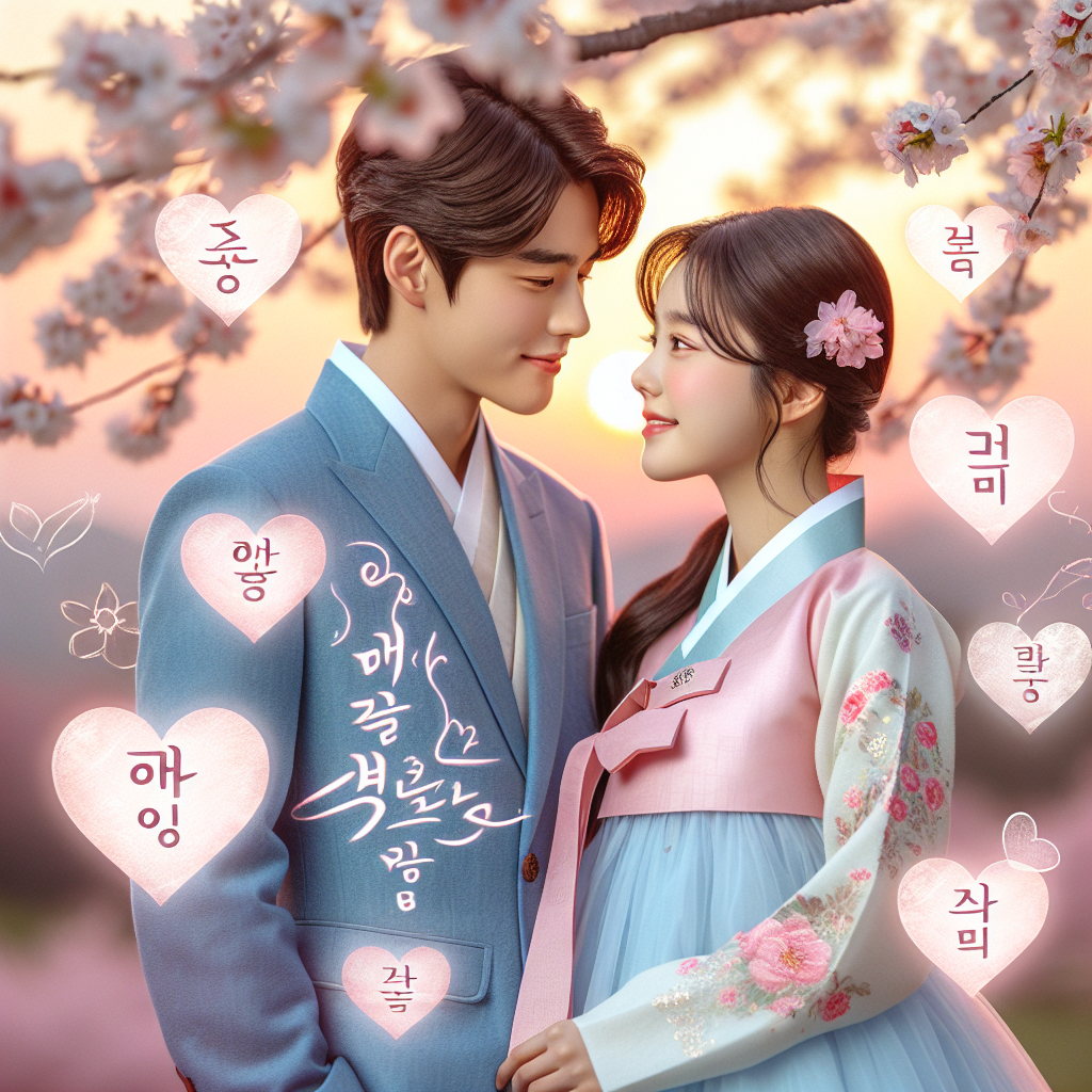 A soft, romantic image of a young South Asian couple standing under a cherry blossom tree, their eyes locking in a tender gaze. The man, in a stylish blue suit, is uttering the Korean words 'saranghae,' the translation for 'I love you'. Meanwhile, the woman, in a beautiful pastel hanbok dress, is expressing affection with a warm smile. Floating next to them are a series of Korean phrases symbolizing love and endearment, beautifully calligraphed and enclosed within softly glowing hearts. The pinks and whites of the cherry blossoms and the fading sunset in the background create a stunning atmosphere of love and affection.