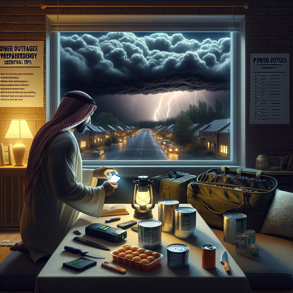 Visualize a scene of home-preparation for power outages during a storm. Cache of survival supplies should include a flashlight, charged portable power banks, and canned food. A person of Middle-Eastern descent is setting these items on a table as dark storm clouds gather in the distance through the window. The home interior is warmly lit. On the wall, hangs a checklist titled 'Power Outages Preparedness: Essential Tips'. The feeling of preparation and readiness is tangible in the air. The image should evoke a sense of security and relief despite the impending chaos of the storm.