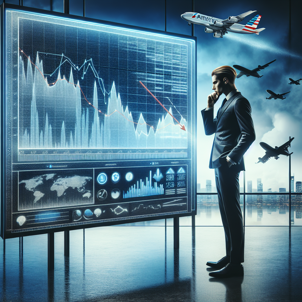A dramatic scene representing the concept of a disappointing financial forecast. Portray an androgynous Caucasian individual in a business suit, observing a large weather-like monitor that displays graphs and figures instead of weather patterns. The graphs are showing a downward trend, symbolising a negative business outlook. The individual stands in a modern corporate setting symbolising American Airlines. Please include iconography associated with the airline industry, like airplane silhouettes or airline logos in the background, but not specific to any real airline. Let the overall tone of the image reflect a sense of concern.