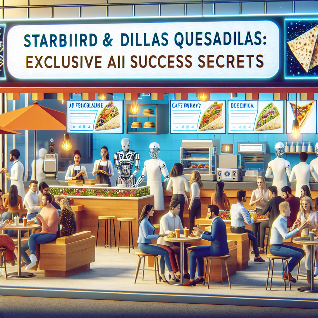 Imagine an illustration for an article that is centered around the success story of a fictional eatery called Starbird & Dillas Quesadillas. This image should depict a vibrant and bustling restaurant, with customers of different ages, genders, and ethnicities happily enjoying their food. Behind the counter, cafe workers of diverse genders and descents are busy preparing quesadillas. A few unassuming AI-powered machines are integrated into the scene, showing how technology aids in the eatery's operations. Also, include a graphic board displaying the article's title 'Starbird & Dillas Quesadillas: Exclusive AI Success Secrets.' Focus on the overall atmosphere of innovation, diversity, and customer satisfaction in the rendering.