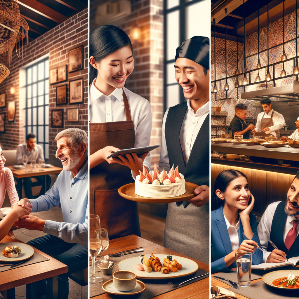 Imagine a busy restaurant scene where the staff is diligently providing top-quality service to the customers. The interior of the restaurant exudes a warm, inviting atmosphere with tastefully decorated tables. On one edge, an Asian female server with a friendly smile is handing a birthday cake to an overjoyed Hispanic middle-aged man, personalizing the occasion. To the left, a Middle-Eastern male chef is preparing a dish in an open kitchen, allowing guests to observe the culinary process, implying transparency. Meanwhile, a Black female manager attentively listens to a Caucasian couple's preferences and notes it down on a tablet, emphasizing individual attention. These scenes depict strategies restaurants employ to boost customer loyalty.