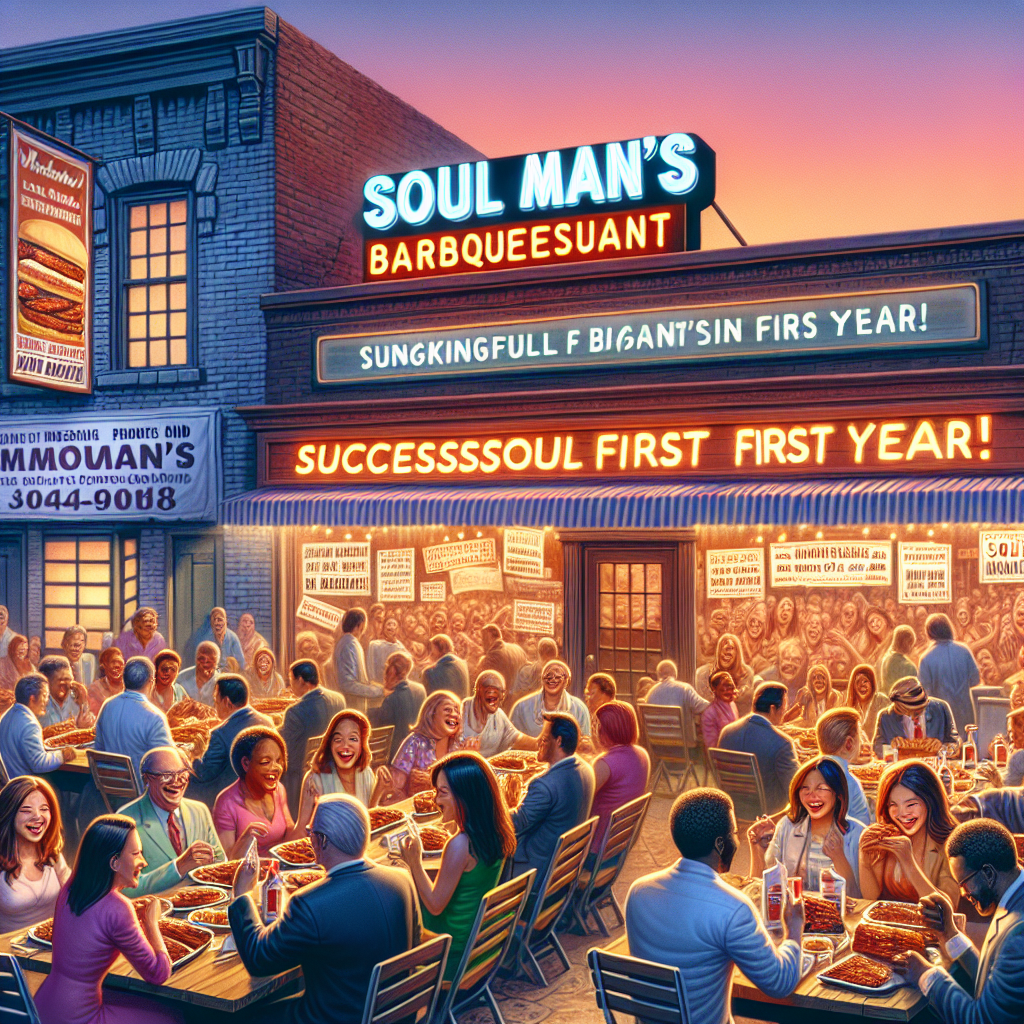Depict a bustling barbeque restaurant, with 'Soulman's' sign gleaming proudly at the entrance. Picture throngs of enthusiastic customers - a balanced mix of genders and descents - happily savoring the delicious meals. The outside of the restaurant showcases a banner declaring 'Successful First Year in Mabank!' Illuminate this vibrant scene with soft evening light which resonates with the glowing faces of satisfied customers and diligent staff. For added context, include printed copies of an article written about the restaurant's outstanding successful first year. Make sure the text 'Soulman’s: Stunning Success in Mabank's First Year!' stands out on these articles.