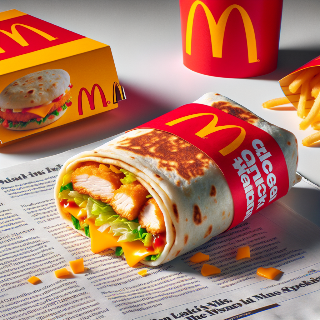 A juicy chicken snack wrap from McDonald's, with its lightly toasted soft tortilla encapsulating crispy lettuce, cheddar cheese, and tangy sauce. This wrap, glistening under the indoor lights, is nestled into a red and yellow McDonald's branded wrapper that unfolds from around it. The table below is littered with a myriad of other popular McDonald’s food items, showcasing the contrast of the overlooked star product amongst its renowned counterparts. Meanwhile, an insightful, analytical article about McDonald's underestimation of the snack wrap's popularity partially covers the image, inciting intrigue and mystery.
