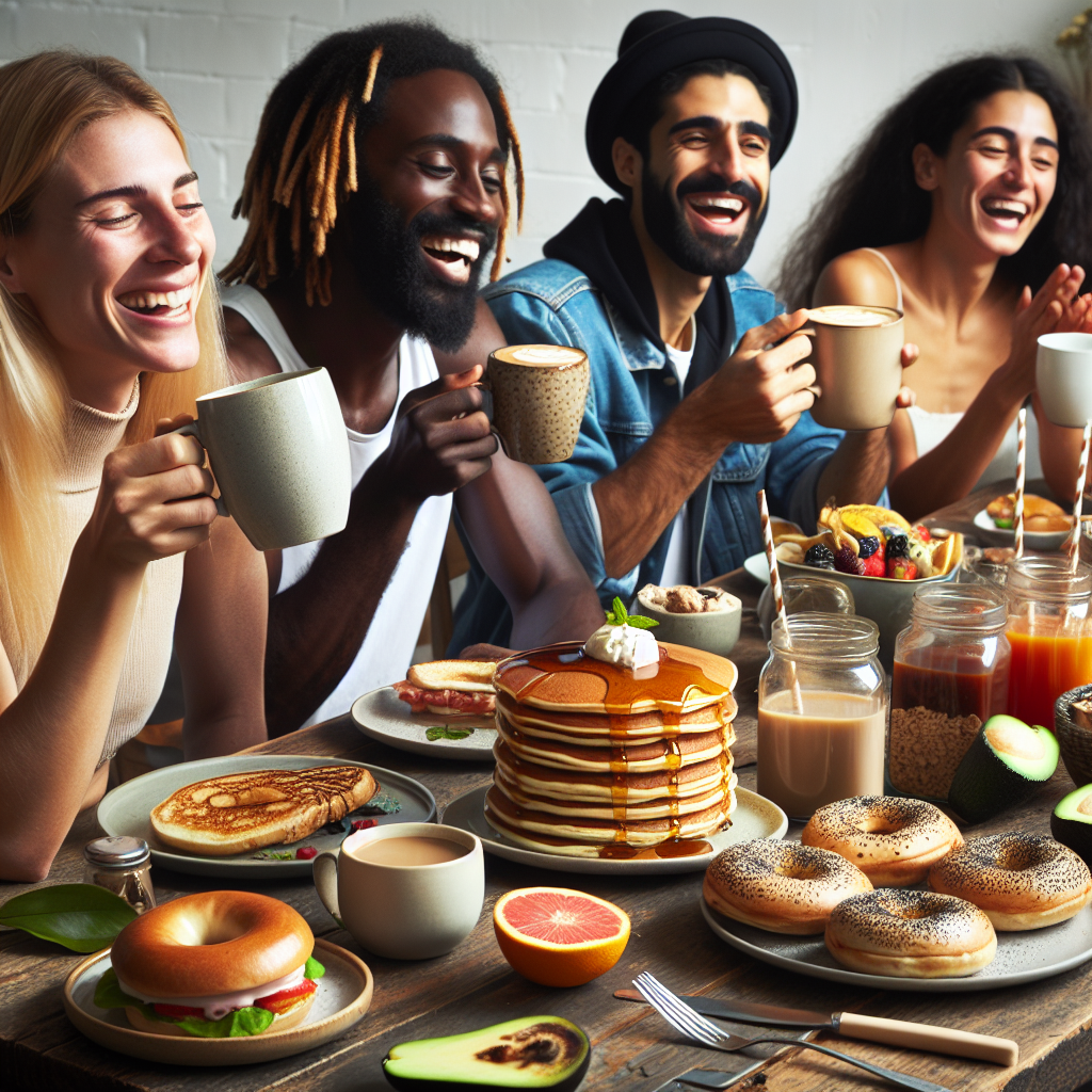 An image of an eclectic group of people engaged in experiencing diverse breakfast rituals. In the foreground, a Caucasian woman with blonde hair is savoring a stack of pancakes drizzled with golden syrup, while a Middle-Eastern man sitting across the table is contentedly munching on a toasted bagel with cream cheese. Towards the back, a Black man and a Hispanic woman are laughing heartily, clinking their coffee mugs together in a toast. Scattered around are some trendy items like avocado toast, acai bowls and exotic fruit smoothies, emphasizing the demand for unique and personalized breakfast experiences.