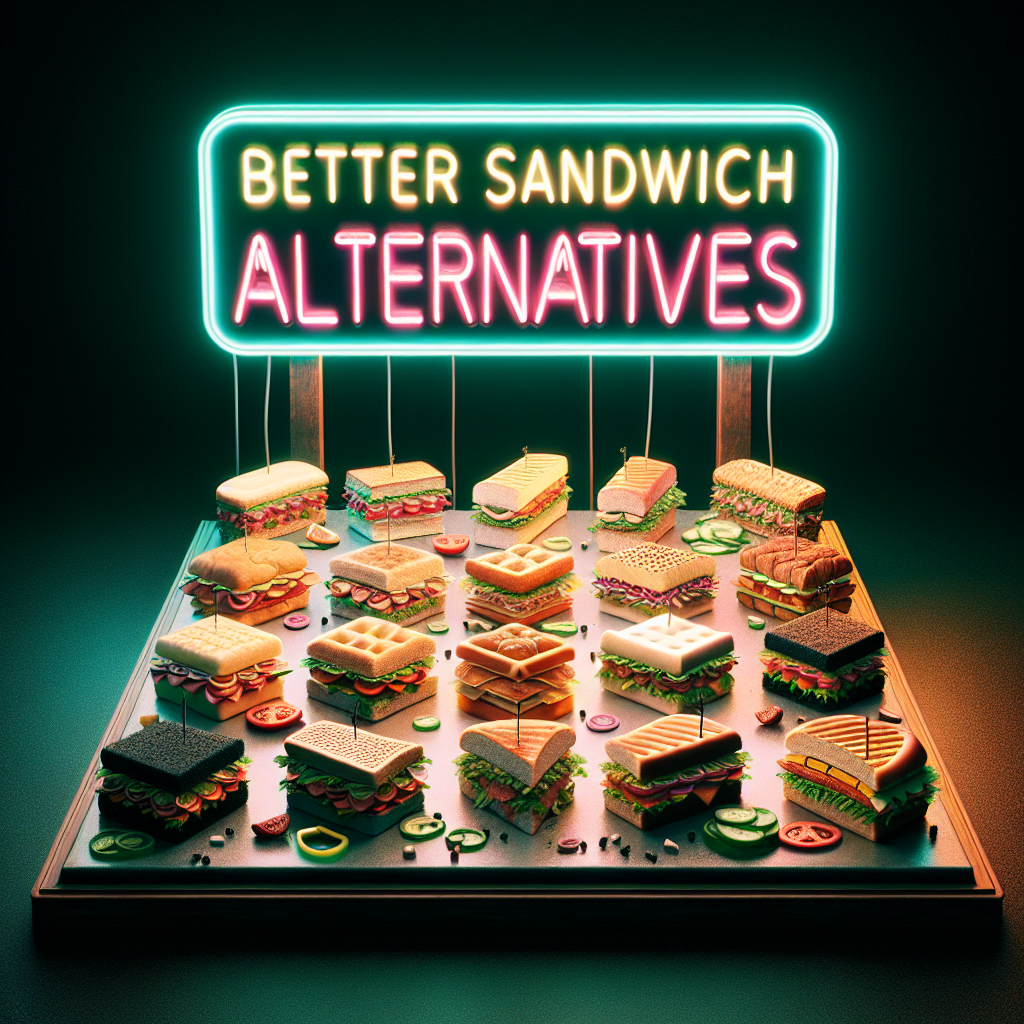Visualize an array of alternative sandwiches that are hailed as better options than those served at a typical sandwich chain. Include a variety of bread styles, fillings, and presentation styles for the sandwiches, displaying a rich assortment of colors and textures. Display a neon sign on the top with the words 'Better Sandwich Alternatives', characterizing the state of the declining chain, represented by a dim and flickering neon sign with the text 'Subway' at a distance. An optional addition could be patrons enjoying their food, expressing their contentment.