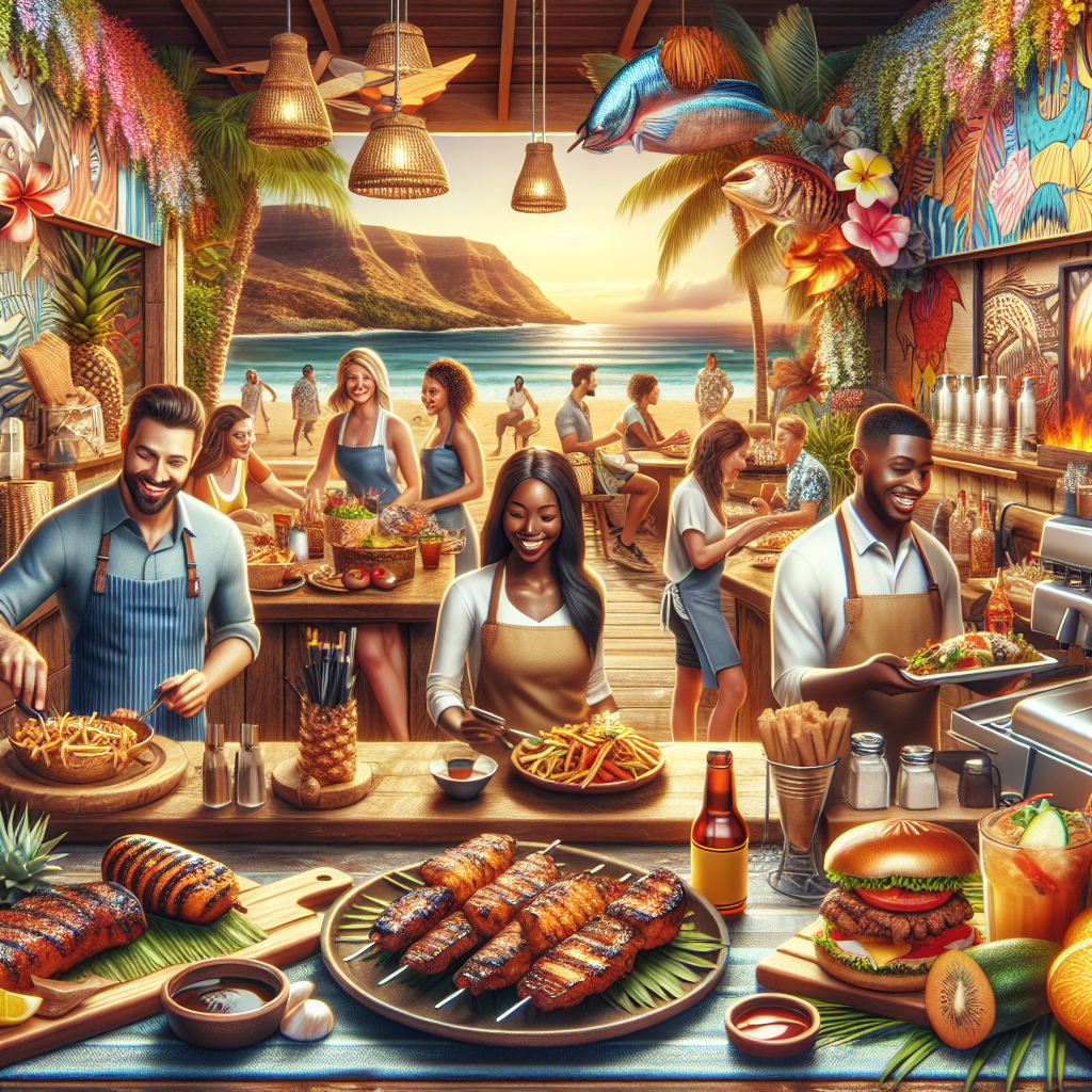 Create an enticing scene showcasing Ono Hawaiian BBQ restaurant situated in the idyllic town of Queen Creek. The restaurant is buzzing with activity, staff members efficiently serving, and customers indulging in the mesmerizing aroma permeating the air. Focusing at the counter, diverse individuals including a Caucasian male chef, a Black female cashier, and a Middle-Eastern male server are passionately preparing and serving delicious Hawaiian style BBQ dishes. Unique elements reflecting Hawaiian culture, such as floral décor, vibrant colors, and tropical fruits, grace the surroundings. In the foreground, mouth-watering dishes rich in color and texture are laid out, signifying the exciting new flavors on offer.