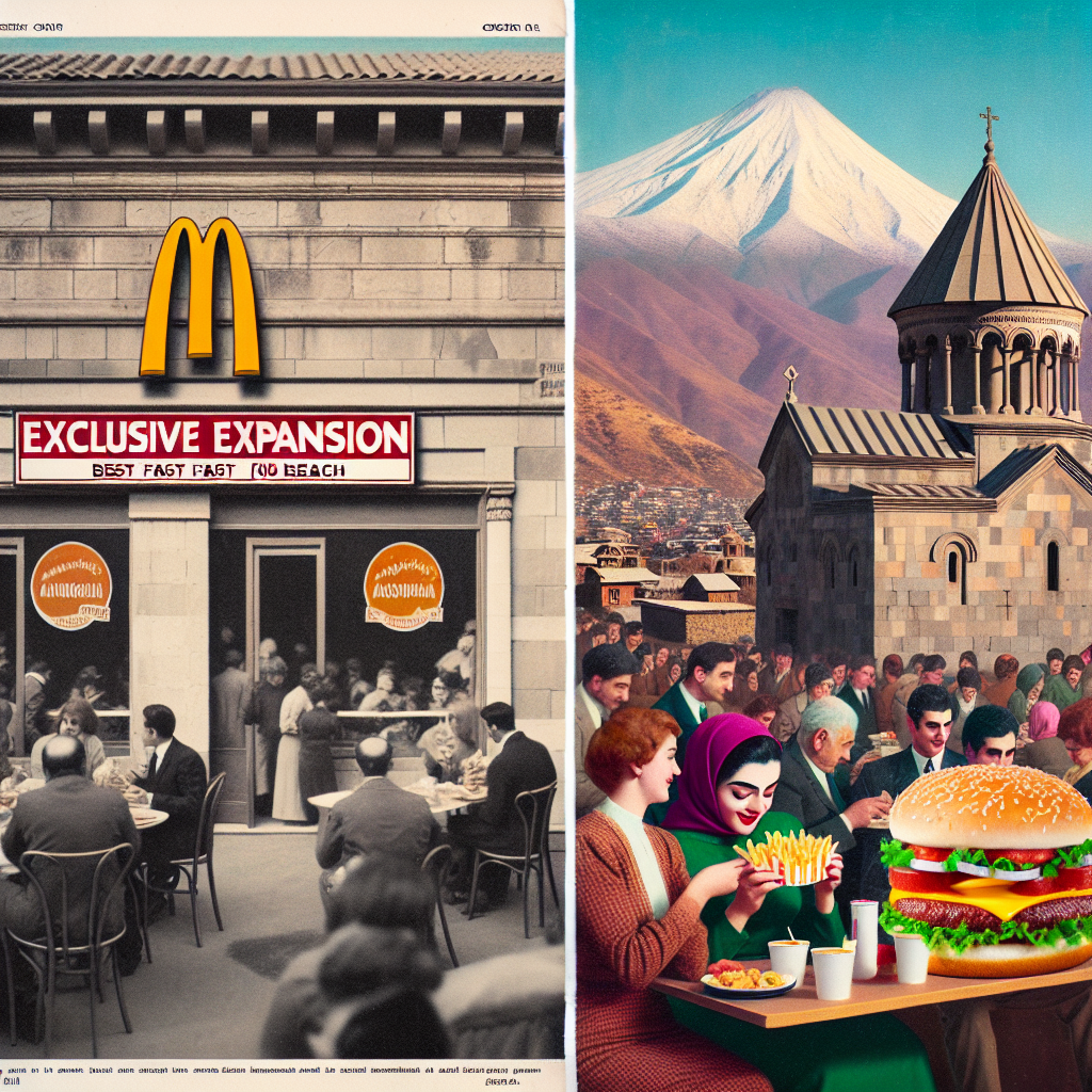 An image depicting a newly constructed fast food restaurant in the architectural style traditional to Italy, with the sign displaying an anonymized logo, implying it's a popular fast food chain. In the foreground, a diverse crowd of people, including a Caucasian man and a Middle-Eastern woman, enjoy their meals, indicating the restaurant's popularity. In the background, the iconic scenery of Armenia with its rugged mountains and ancient churches generates a sharp contrast. This image symbolizes the collision and unification of different food cultures. A copy of a newspaper headline reads: 'Exclusive Expansion: Best Fast Food Reach' with a thumbnail image of the same scene.