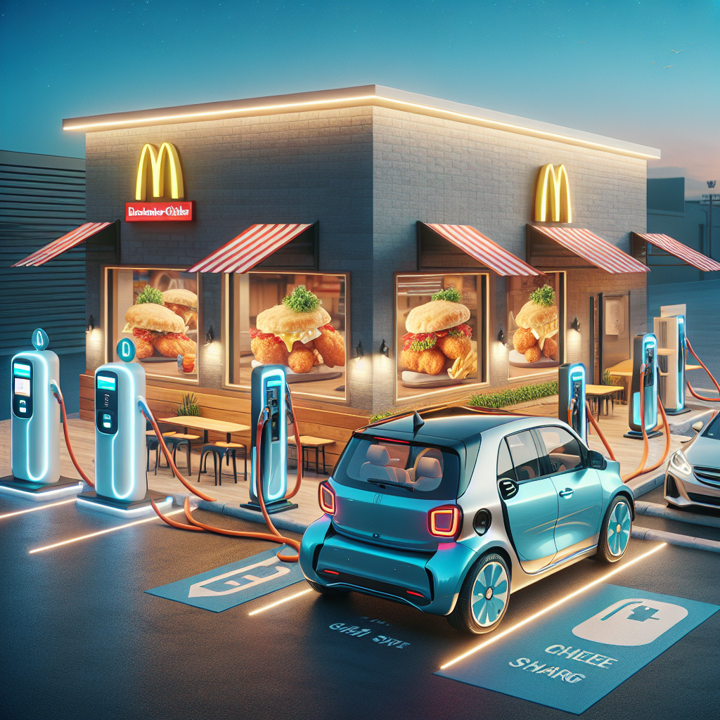 Imagine the scene where a popular fast-food joint, known for serving delicious chicken and biscuits, is making a ground-breaking change: the introduction of an exclusive electric vehicle charging station. This station is a cutting-edge technological feat, equipped with the latest EV charging units and designed with sleek aesthetics. Customers with EVs can park their vehicles, plug in to the charging units, and then enjoy a meal while their cars juice up. Emphasize the futuristic yet welcoming environment, the convenience these stations provide, and how they can be a game-changer in promoting sustainable practices in the fast-food industry.