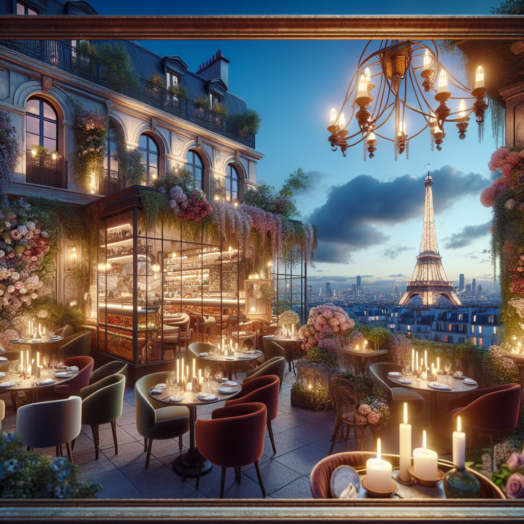 Visualize an elegant, high-end restaurant in Paris illuminated under the soft glow of evening lights. Picture it with an outdoor seating area adorned with beautiful flowers and greenery. The inside features velvet chairs and candle-lit tables, with a display of various french dishes arranged elegantly. Imagine a fusion of modern and baroque architecture, with chic chandeliers hanging from the ceiling and intricate carvings on the walls, encapsulating the essence of Parisian style. The Eiffel tower stands tall in the backdrop, with the city's enchanting skyline laid out, adding to the stunning panoramic views.