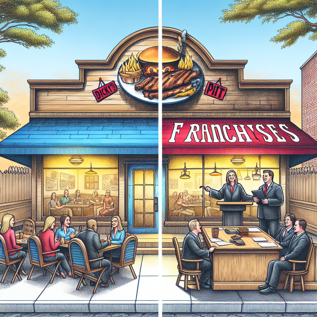 A beautifully illustrated image showing the exterior of a typical Dickey's Barbecue Pit restaurant. The ambiance around the restaurant should reflect a calm and peaceful evening with slight smoky traces indicating a barbeque set-up inside. Sidewalks lined with cheerful customers are waiting for their turn. Separate the image into two halves. The first half should display a harmonious relationship between the franchise owners and the customers enjoying the delicious barbecue. The other half includes an courtroom scene displaying franchisee, lawyer, and judge in  legal dispute, representing the lawsuit claims.