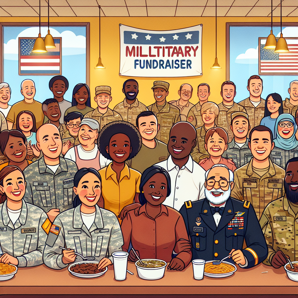 Illustrate an image of a diverse group of people in military uniforms, from various backgrounds, such as Hispanic, Caucasian, Black, Middle-Eastern, and South Asian, gathering inside a restaurant, which is representative of Golden Corral. They are cheerfully engaged in a fundraiser event. The atmosphere is filled with goodwill and camaraderie. The wall behind them is adorned with banners and posters promoting the Military Support Fundraiser. Make sure the color scheme is warm and inviting, with golden hues that relate to the Golden Corral environment.