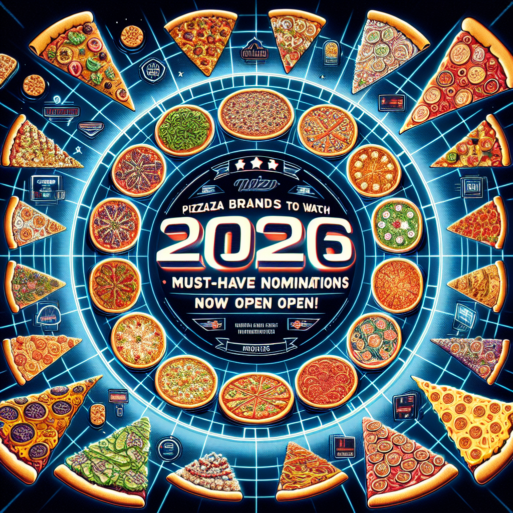 Visualize an engaging scene for an article titled 'Pizza Brands to Watch 2026: Must-Have Nominations Now Open!'. Picture a diverse array of pizza slices arranged in a semi-circle. Each slice represents a different exciting brand, showcasing unique toppings and styles. Include the text of the article title in a prominent place in the image with a dynamic, eye-catching typeface, while the background has a futuristic, 2026-inspired theme to it. It should look inviting, hint at competition, and convey the anticipation for the upcoming nominations.