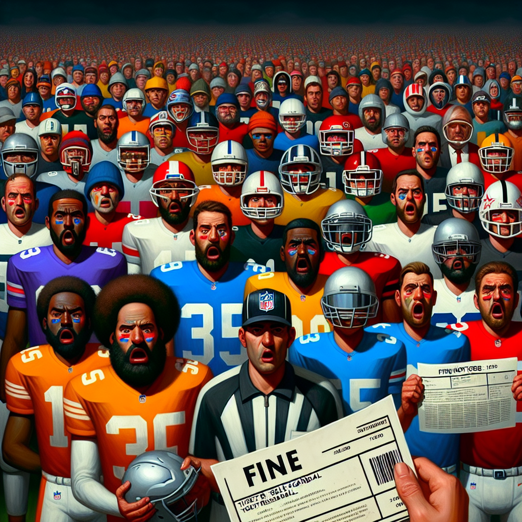 A vivid interpretation of an NFL-themed scenario related to a ticket resale scandal. The scene captures a large group of anonymous football players, clad in a variety of team colors and gear, looking dismayed and shocked as they hold fine notices. A hint of the grand stand lies behind them with tickets scattered around to infer the resale scandal. Note, all the players should look diverse featuring different descents such as Black, Hispanic, White, Middle-Eastern, and South Asian. Let some players hold helmets under their arm, some showing gestures of disbelief, while others are in hushed conversations. The atmosphere should be tense, symbolizing the shock of the scandal.