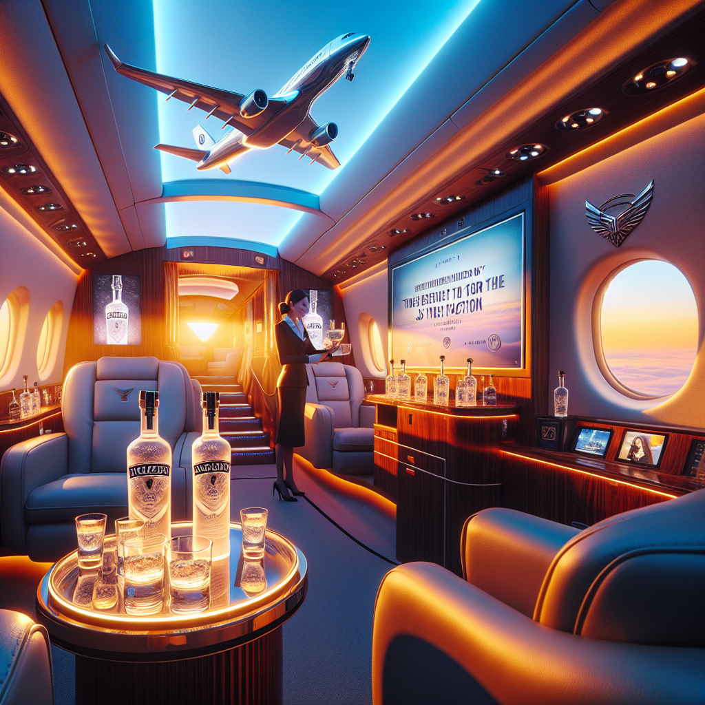 A bright and high-resolution portrayal of a snapshot during a luxurious flight experience provided by an abstract vodka brand. The scene includes the interior of a private airplane cabin, plushly furnished with leather seats, delightfully lit with sunset hues seeping in through the windows. Trademark vodka-themed elements represented creatively, such as miniature vodka bottles utilized as decorative items, or a flight attendant serving premium cocktails. A background display discreetly showcases an unidentified yet exciting event referred to as 'JSX factor', adding to the allure.