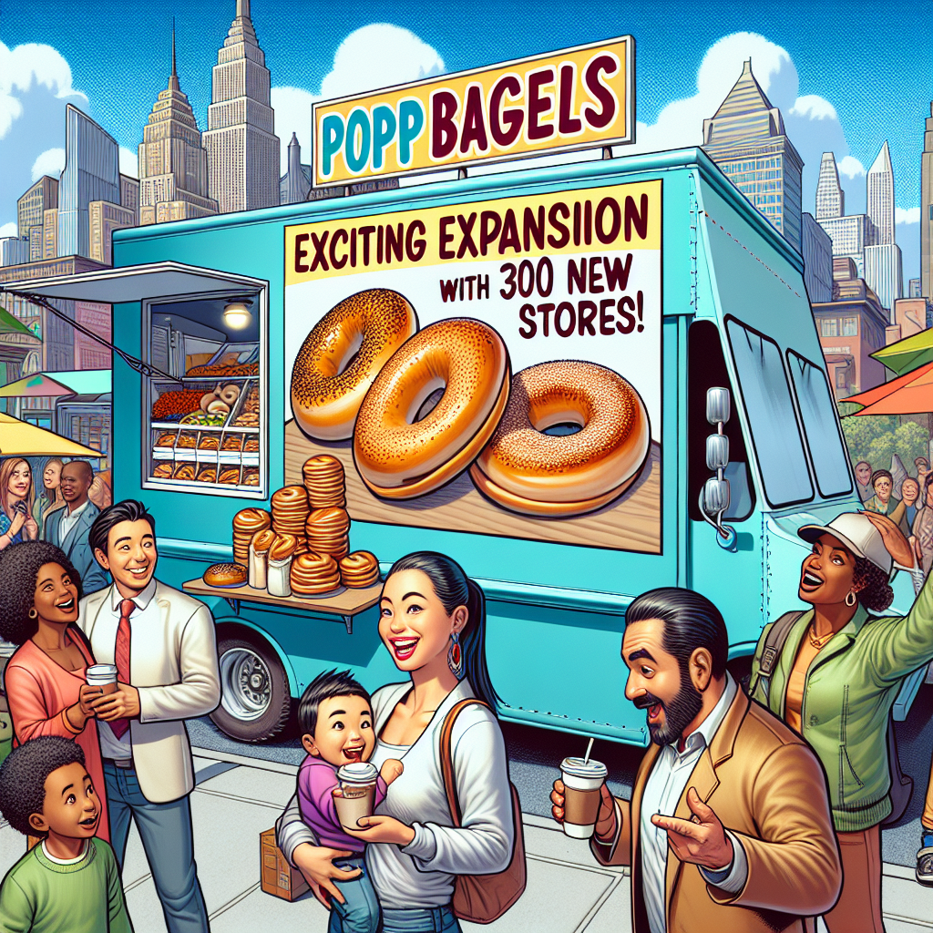 Picture a lively paint where a food truck is featuring a catchy sign that reads, 'PopUp Bagels: Exciting Expansion with 300 New Stores!'. The truck is parked in a bustling city street full of diverse people. In the vibrant multicultural set, we can see an Asian woman and a Black man happily enjoying a fresh bagel. Close to the truck, a Hispanic child is pointing at the poster, drawing attention of her Middle-Eastern father who's holding a cup of coffee. The skyline is filled with high-rise buildings and the sky is clear and blue. Animated expressions of city folk tell the excitement in the air.