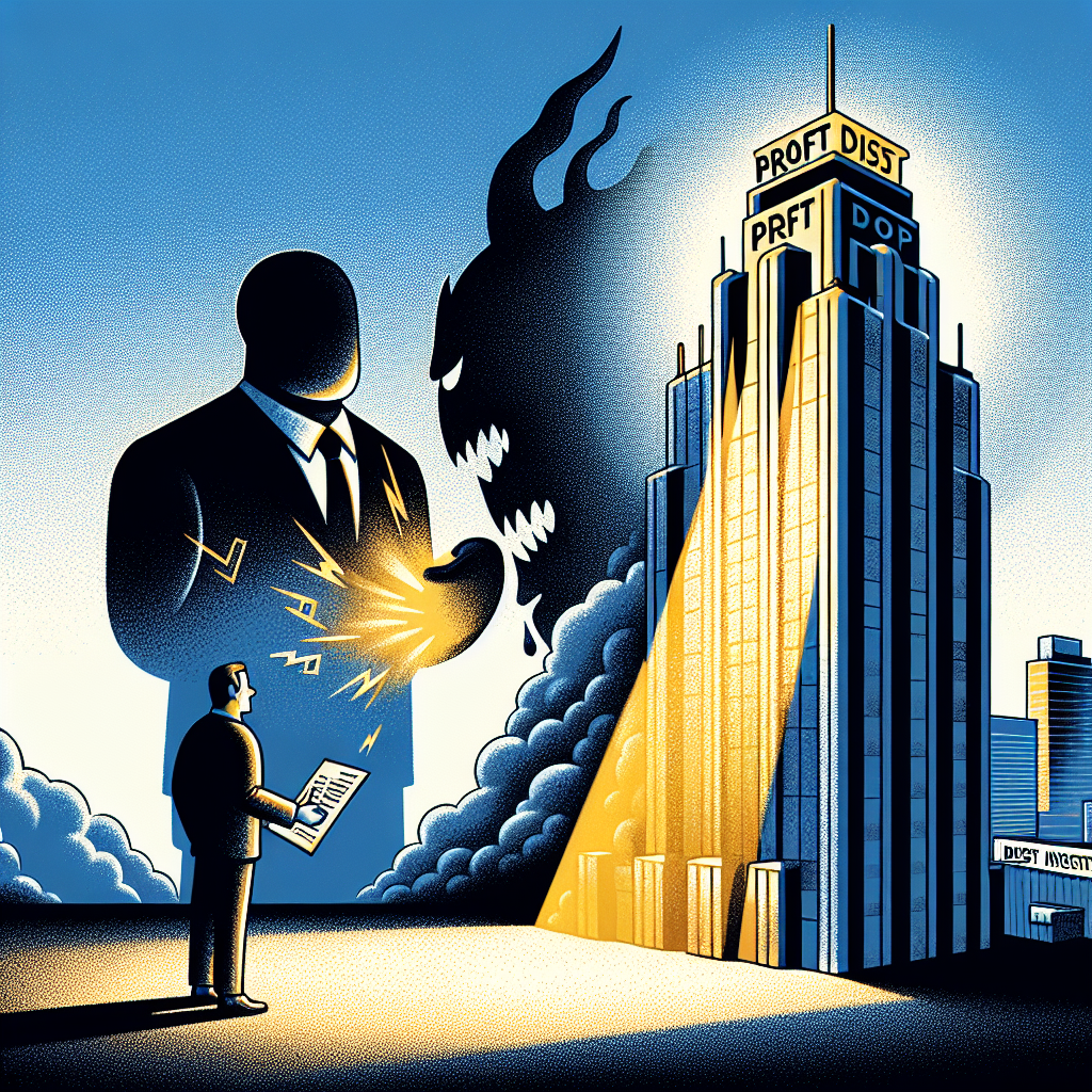 An illustration symbolizing a corporate scene of a large company experiencing a profit drop. Show a skyscraper with the company logo at the top. The building should cast a long shadow symbolizing doom. Next to the skyscraper, show an investor confidently examining a document that shines with a golden light, symbolizing reassurance. Emphasize the contrast between the company's situation and the investor's confidence. In the sky, have 'Best Investor Reassurance factor' written in bold, arresting characters.
