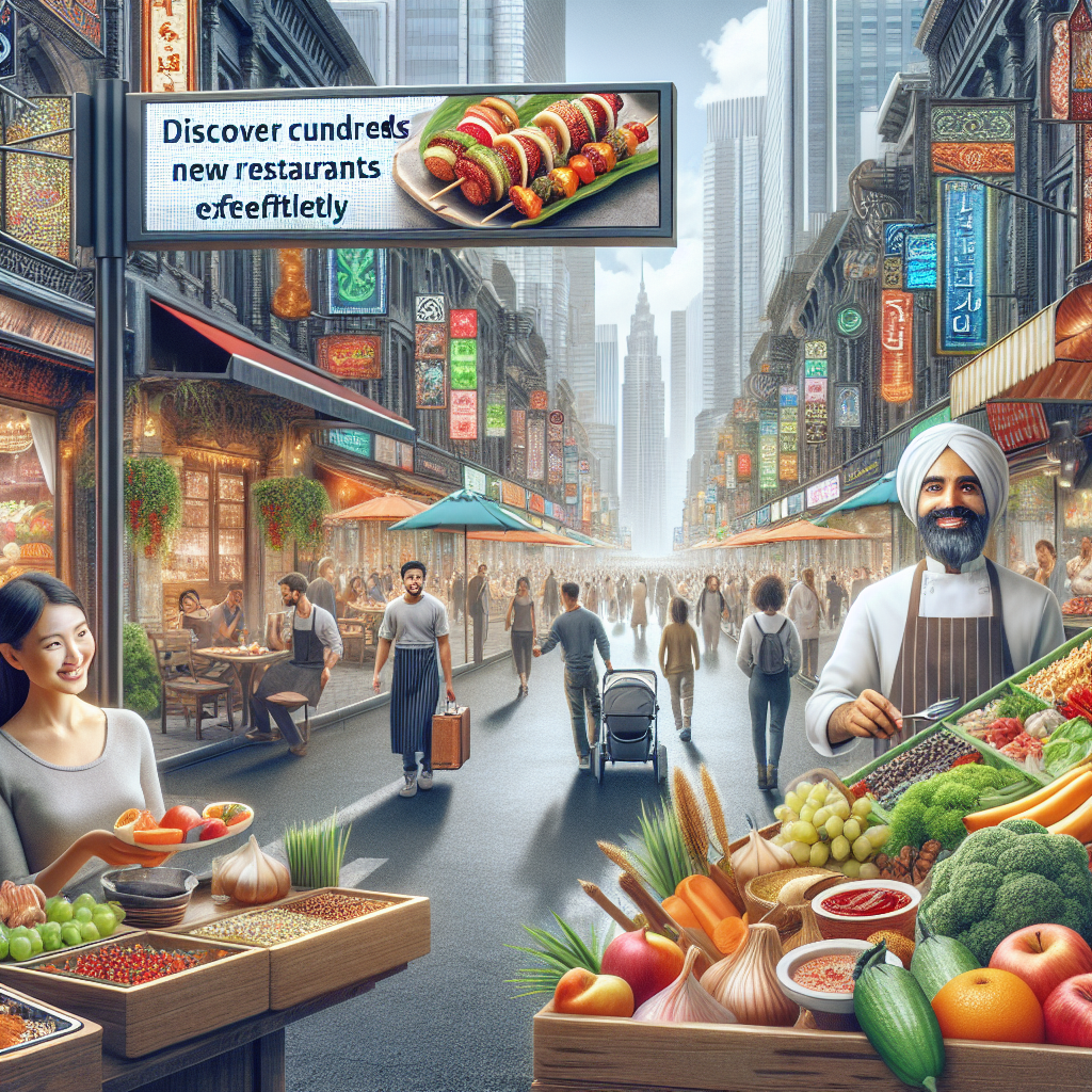 A bustling city street filled with diverse food vendors, including a Caucasian woman selling organic fruits, an Asian man displaying a variety of spices, and a Middle-Eastern man promoting his delicious kebabs. The street is lined with hundreds of new restaurants of varying cuisines and ethnicities. A digital sign above the scene displays the intriguing text: 'Vendors: Discover Hundreds of New Restaurants Effortlessly'. The ambiance of the street exhibits the hustle, vibrancy, and infinite possibilities present in the modern food industry.