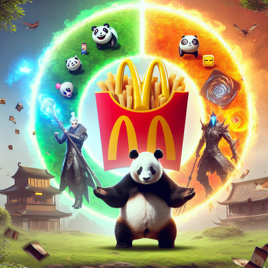 Create an image for an article highlighting an extraordinary collaboration between a popular fast-food chain, renowned for its panda-themed logo, and two massively popular online video games known for their imaginative worlds and creative gameplay. The scene could depict a symbolic blending of all three elements, with representative icons from the games being combined with the food chain's iconic panda. Add a hint of excitement and intrigue to capture the essence of this exclusive partnership.