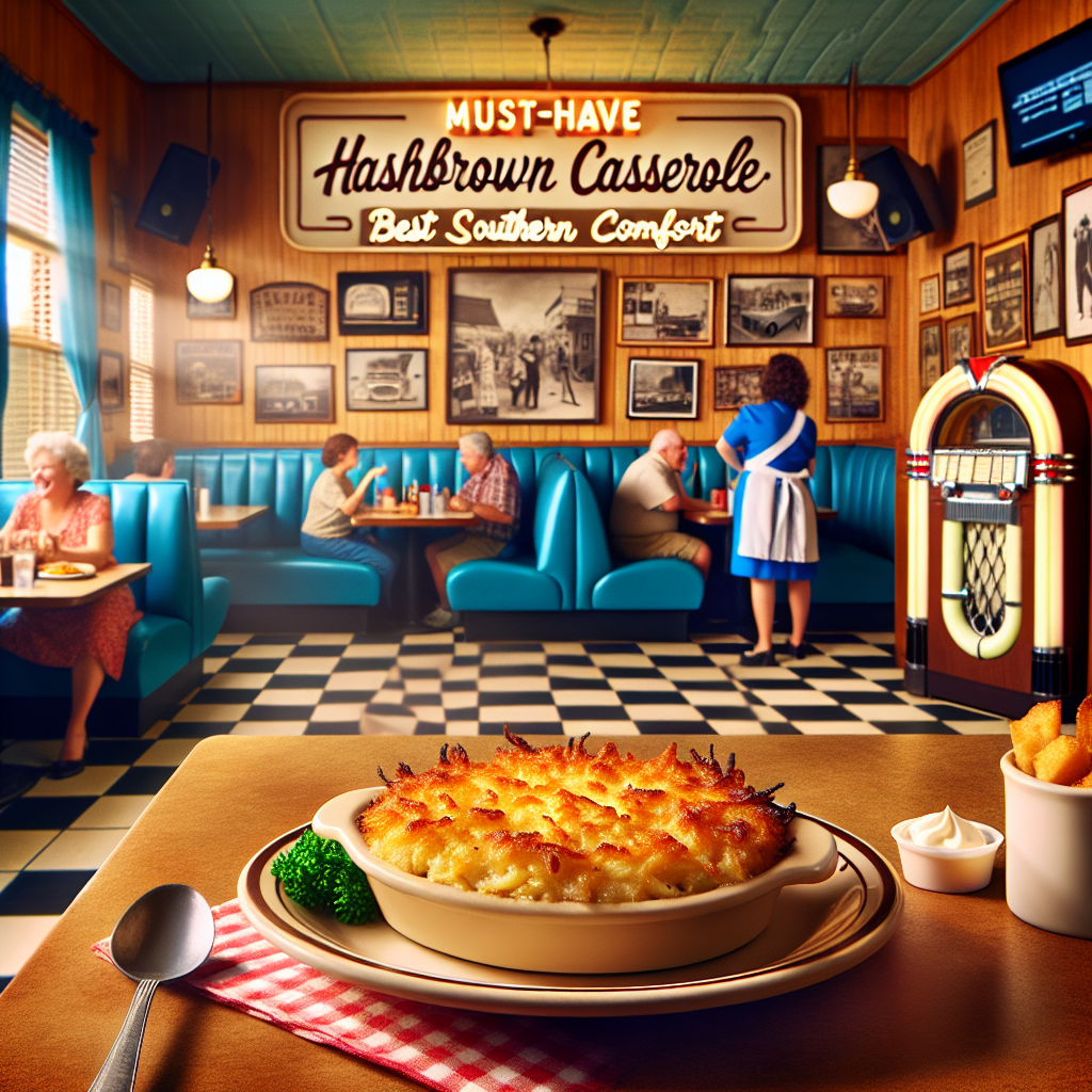 A warm, homey scene inside a classic southern diner, featuring a tantalizing plate of Hashbrown Casserole on a wooden table. In setting, include vintage diner details such as a chequered floor, a jukebox, and blue cushioned booth seating. The Hashbrown Casserole itself appears creamy, golden-brown, and topped with crisp, caramelized cheese. On the side, there's a red-and-white checkered napkin and a spoon. The background shows a cheerful server, a Hispanic woman, interacting with diverse customers enjoying their meals. The words 'Must-Have Hashbrown Casserole: Best Southern Comfort' writted in a playful, old-fashioned font in the top right corner.