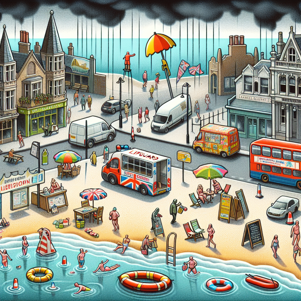 Depict a drop in numbers symbolizing the decline of a popular British summer holiday job. Choose a symbolic job such as a lifeguard at a beach, an ice-cream vendor, or a tour guide for reference. Make sure you portray a clear British setting, which could be a sea-side town with Victorian architecture or a bustling city center. Highlight empty job posts, deserted beaches or empty roads to signify a reduction in these summer jobs. Incorporate elements like grey clouds or rain falling to signify the metaphorical 'death' of the summer holiday jobs.