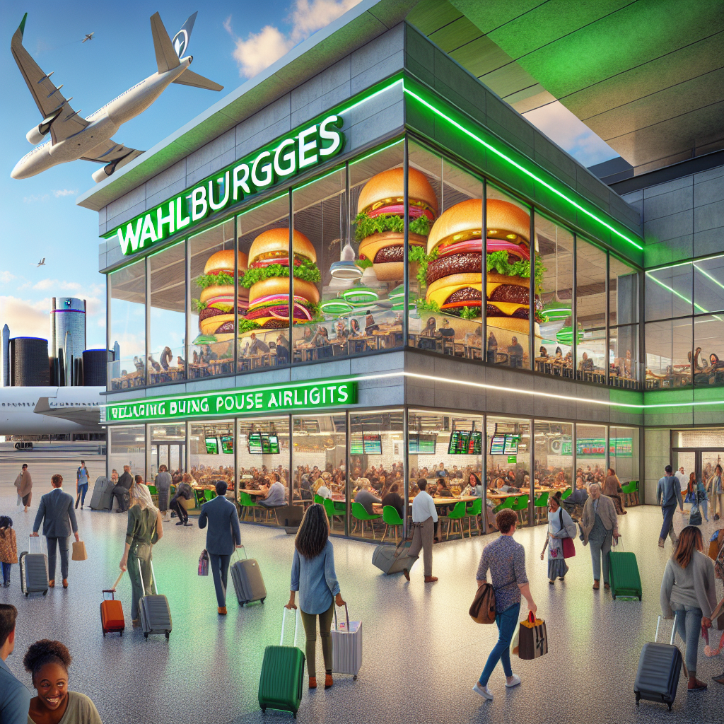 Visual representation of an exciting new Wahlburgers location set within the bustling and vibrant environment of the Detroit Airport. It should capture patrons relishing their burgers while waiting for their flights. Consider elements of travel such as a departure board, luggage, and airplanes visible through large glass windows. The exterior should showcase the bright neon green colors characteristic of Wahlburgers' branding, mixed with the grays and metallic hues of the airport's architecture. Also, illustrate people of various genders and descents, providing a picture of inclusivity and diversity that matches the global melting pot that airports typically represent.