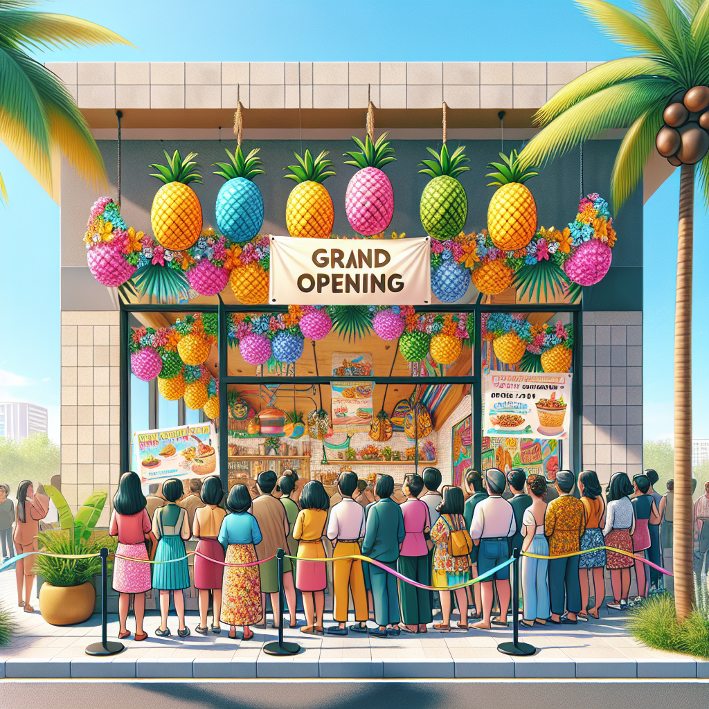 A grand opening image of a newly inaugurated vibrant Hawaiian themed restaurant, the fifth of its kind in Phoenix. Depict the entrance adorned with multicolored tropical decorations and pineapples hanging from the ceiling. Include a handful of joyful customers of diverse descent and gender, impatiently queueing outside the eatery under the clear Phoenix sun. Incorporate a signboard announcing its opening day festivities. The scene should convey a festive atmosphere, drawing upon colorful island vibes, the exotic nature of Hawaii, and the anticipation of unique culinary experiences.